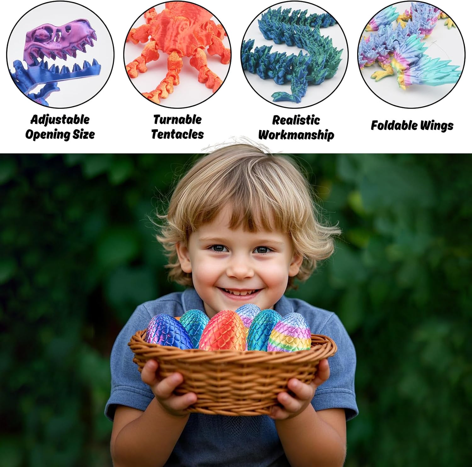 BUUFAN 4PCS 3D Printed Dragon Octopuses with Egg Easter Basket Stuffers Easter Egg 3D Printed Animals Toy Set