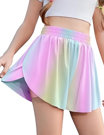 Girls Butterfly Shorts with Pockets Flowy Athletic Shorts 2 in 1 Skorts | Built in spandex liner, 2 side pockets, High waisted, Kids sports, Cheer, Dance, Tennis, Soccer