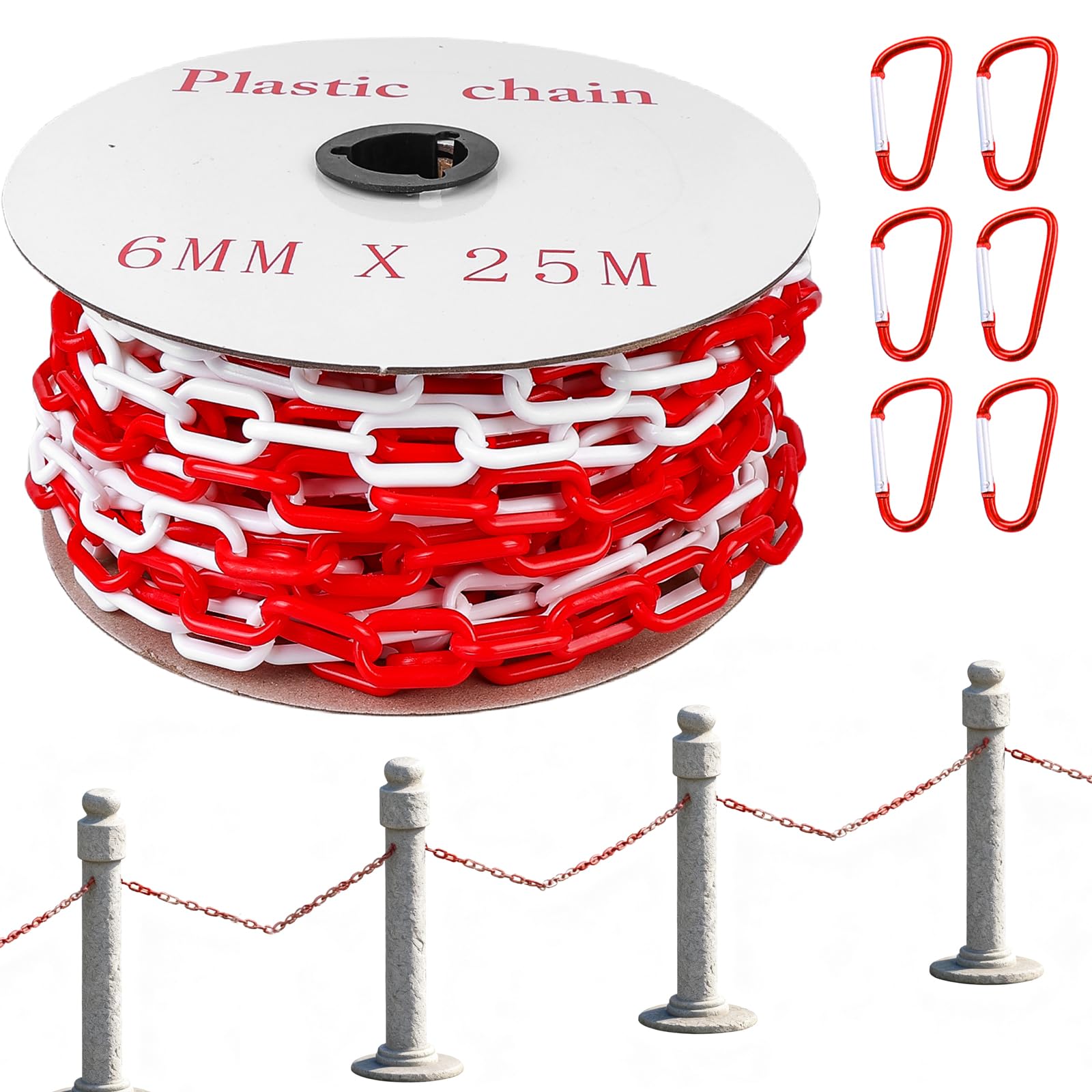 BAIFULAI Catena di sbarramento 25m, catena di sbarramento 6mm rosso/bianco in plastica con 6 moschettoni, catena di plastica/catena di avviso, catena di sicurezza per cantiere, catena a maglie per