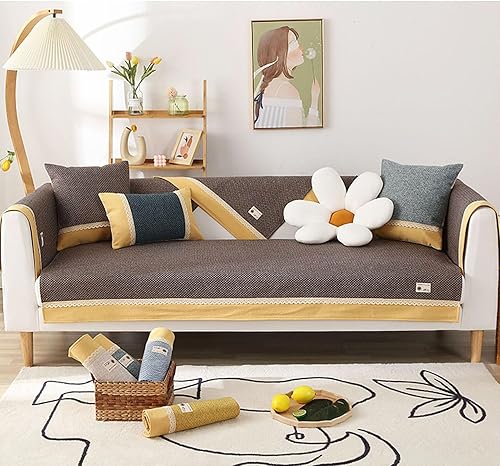 Miniatura 7 de WJXBoos Fundas de sofá de lino de algodón, fundas de sofá con exquisito borde de encaje, fundas de sofá antideslizantes y agradables a la piel para