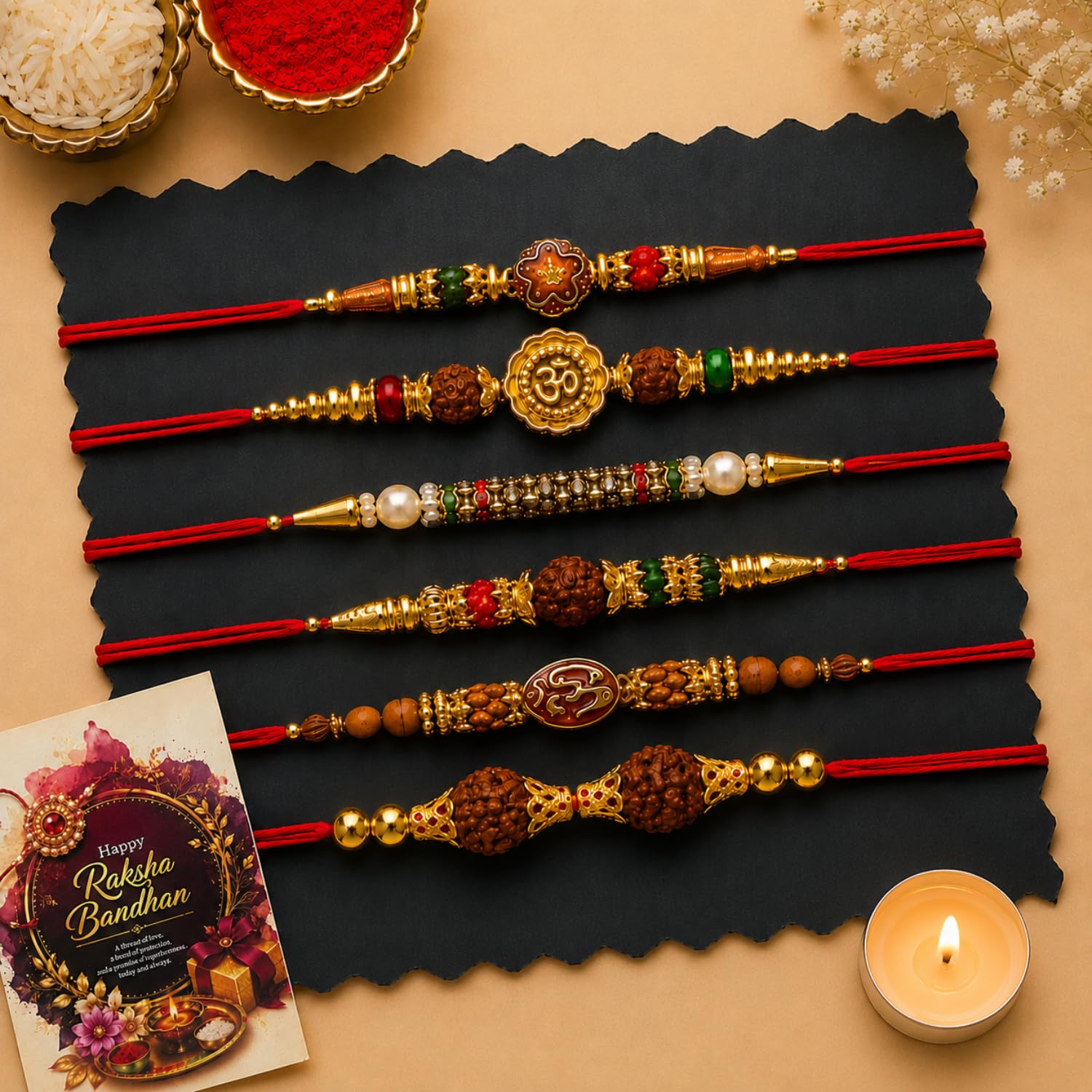 DIKANG Combo Pack of 6 Premium Rakhi Set for Brother and Bhabhi | Mauli Thread Rakhi with Roli Chawal Tilak Set & Greeting Card | Rakhis for Rakshabandhan with Tealight Candle (NR106)