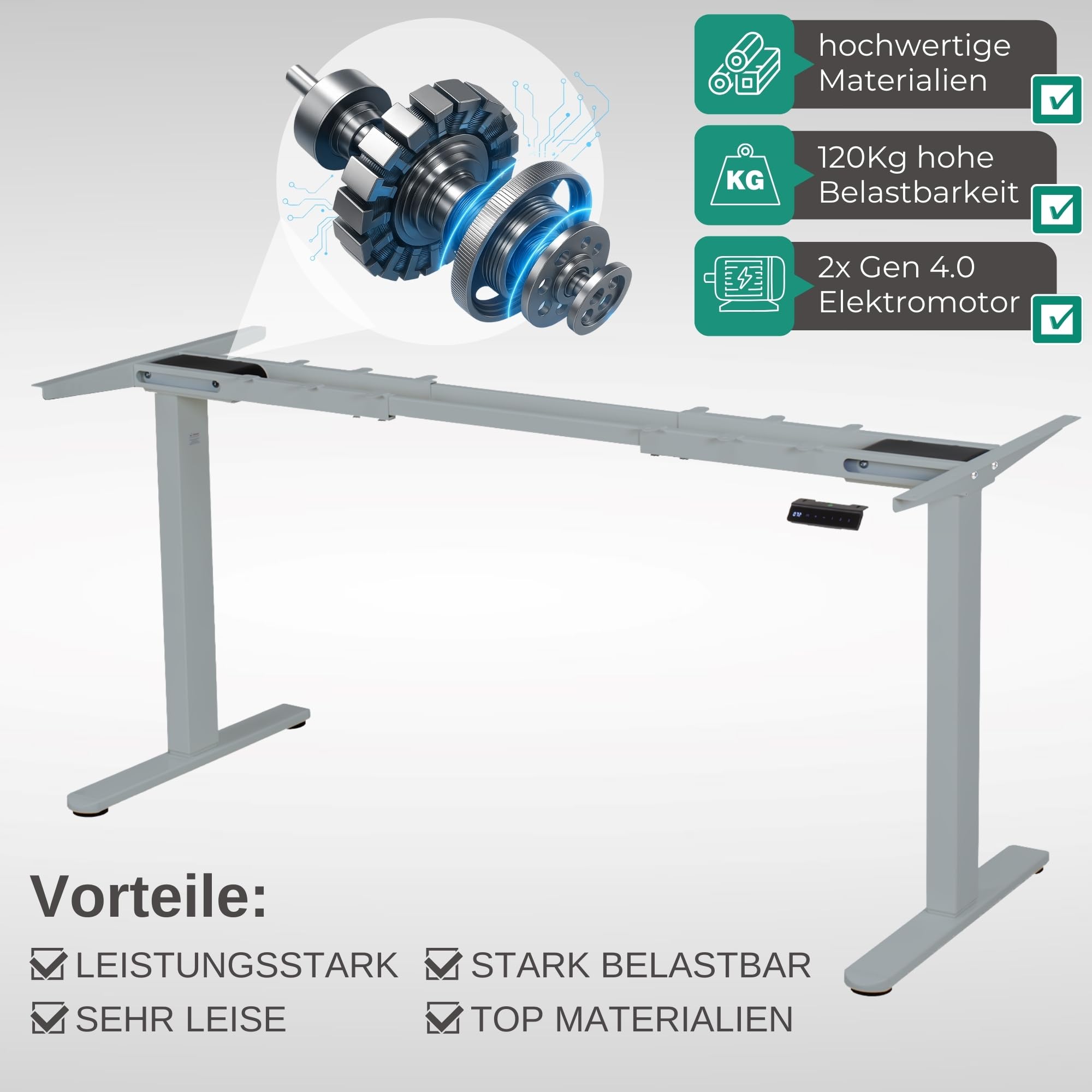 ALBATROS Schreibtisch-Gestell Lift S5S + Kabelkanal, Silber, 2X Motoren, elektrisch höhenverstellbar mit Memory-Funktion, Kollisionsschutz und Soft-Start/Stop