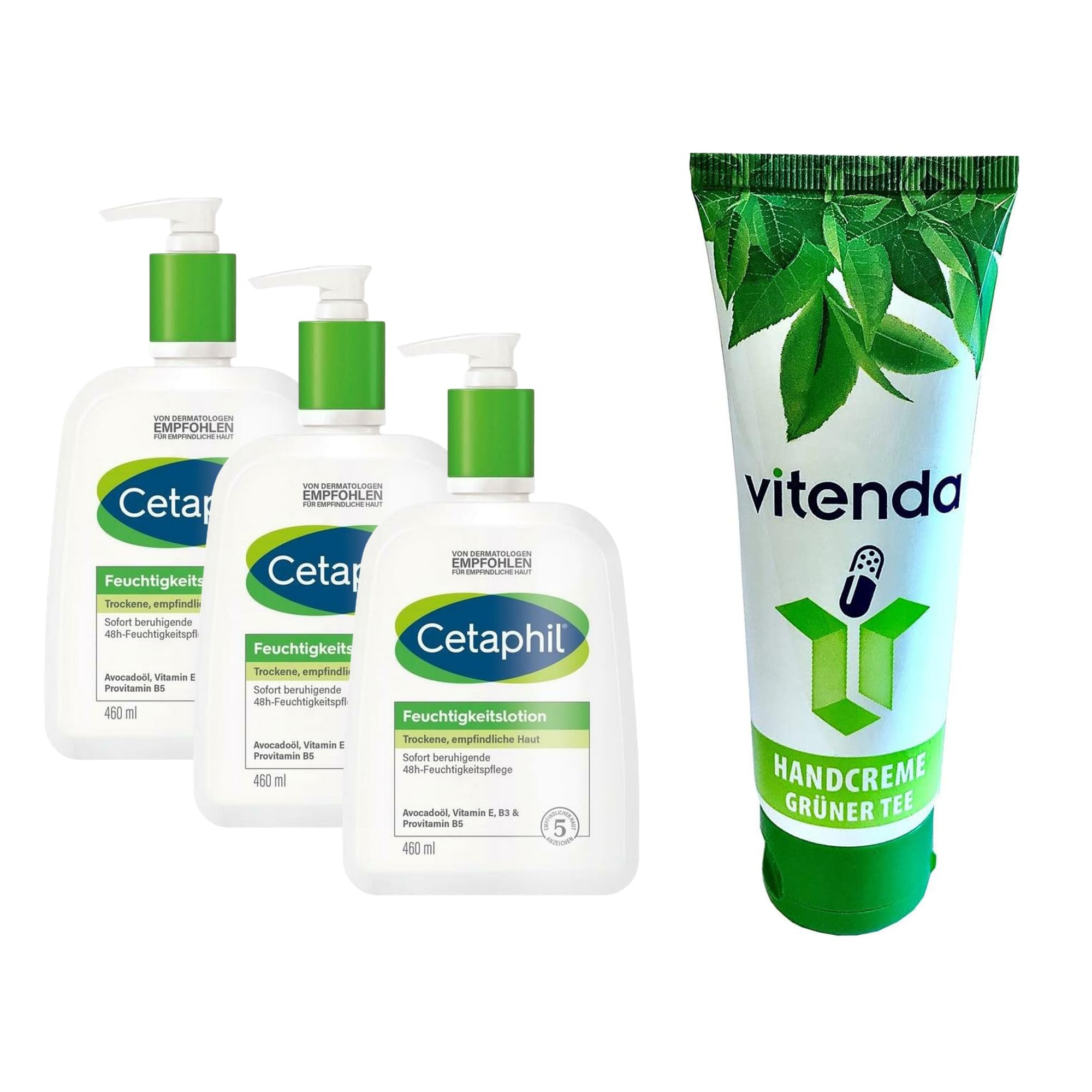 Set: Feuchtigkeitslotion für trockene, empfindliche Haut mit Cetaphil, 48h Feuchtigkeit, parfümfrei, 3x460ml – inkl. vitenda Handcreme