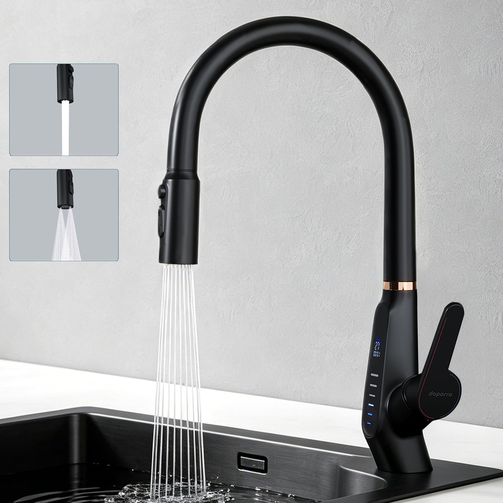 Mai & Mai Wasserhahn Küche ausziehbar, Küchenarmatur mit LED-Digitalanzeig | 360° drehbar Einhebelmischer Küche, 3 Wasserstrahl-Modi, Küchenwasserhahn Spültischarmatur Schwarz MS-8085