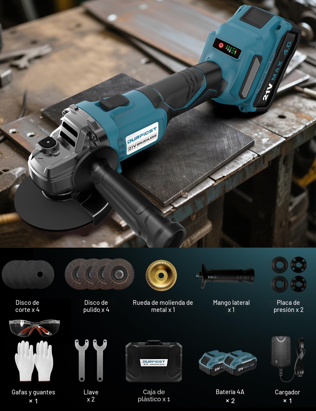 DURFICST Amoladora Angular Inalámbrica, 125 mm/10000 RPM, con 2×21 V 4Ah | DAG310 Amoladora Bateria con 4 Discos de Corte, 4 Discos de Pulido, Trinquete Metálico y Estuche de Transporte
