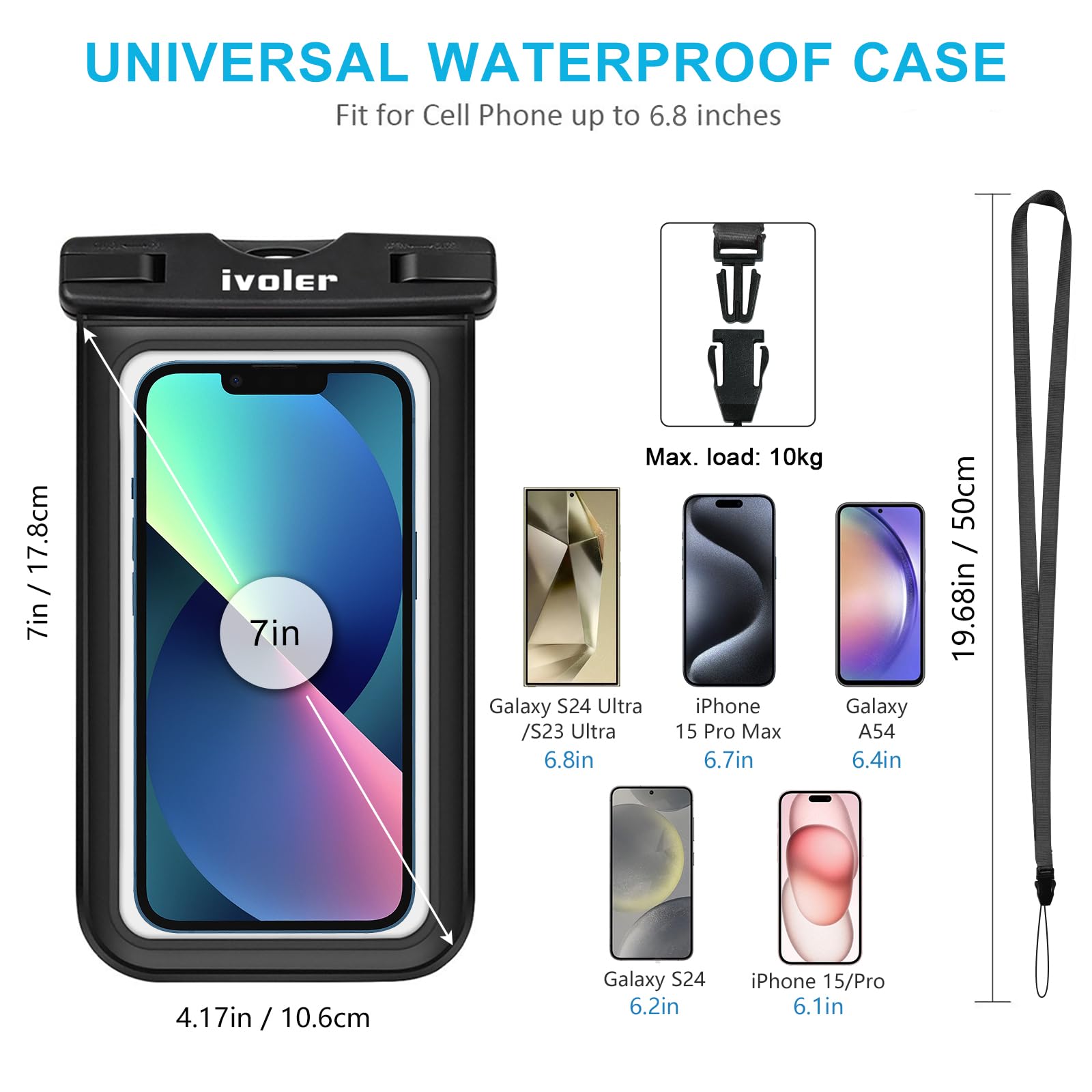 iVoler [4 Pezzi Custodia Impermeabile Smartphone IPX8, Sacchetto Impermeabile Cellulare fino a 7.0'', Universale Cover Subacquea per iPhone 17/16/15 Pro Max, Samsung, Xiaomi (Nero+Magenta+Blu+Verde)