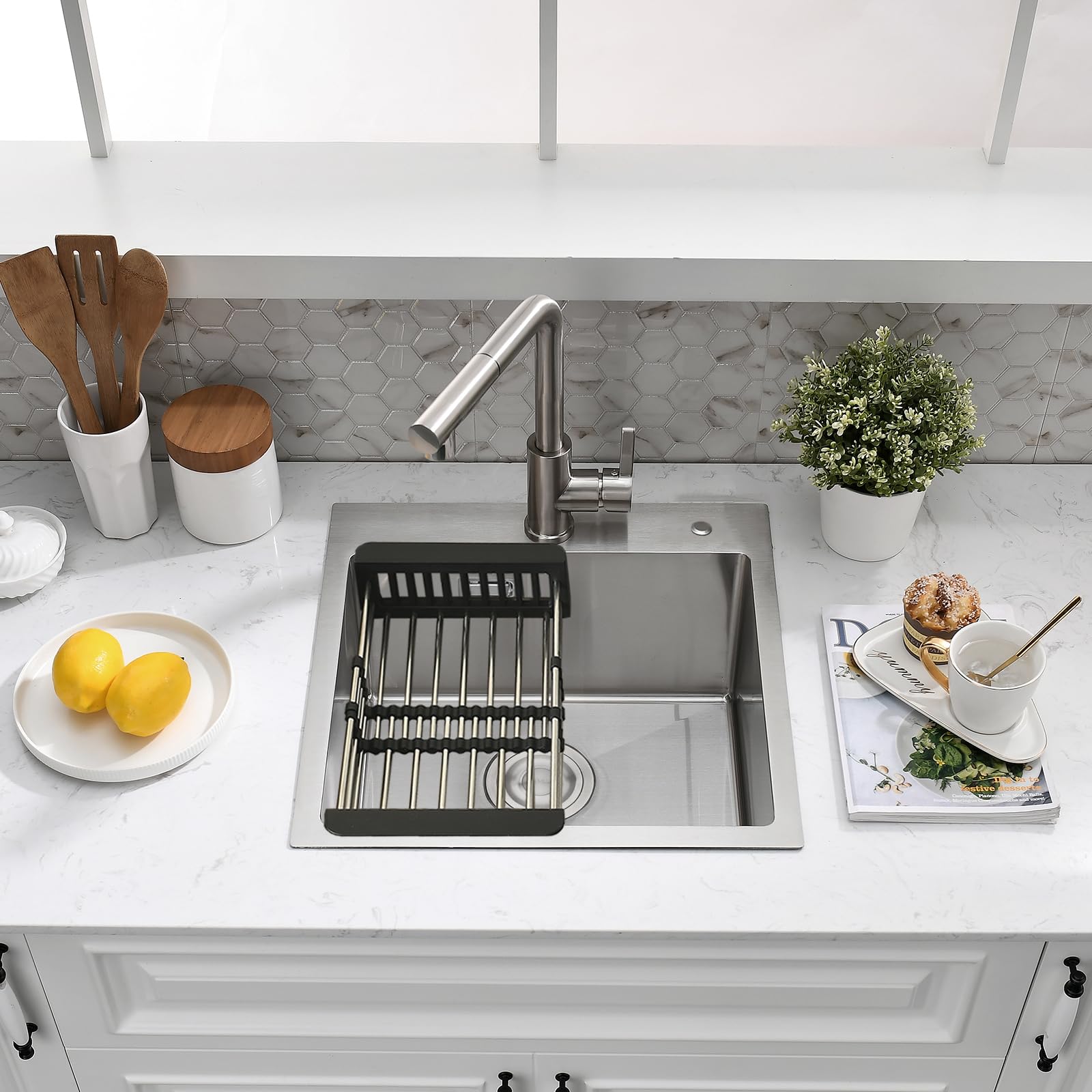 Fregadero Cocina 45x45cm Con Cesta de Filtro Extensible, Cepillado | Compatible Montaje Sobre y Bajo Encimera, Fregadero 1 Seno de Acero Inoxidable, Ideal para Cocinas y Apartamentos
