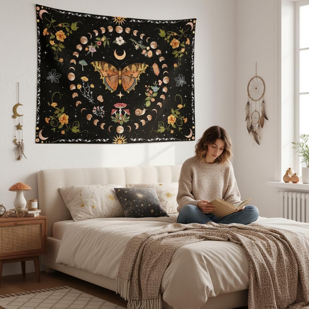 Aipon Orange Butterfly Moon Flower Tapestry Botanical Floral Plant Boho Tapestry for Bedroom Aesthetic Vintage Tapestries Wall Hanging for Living Room Dorm (36.00" x 48.00", Orange)
