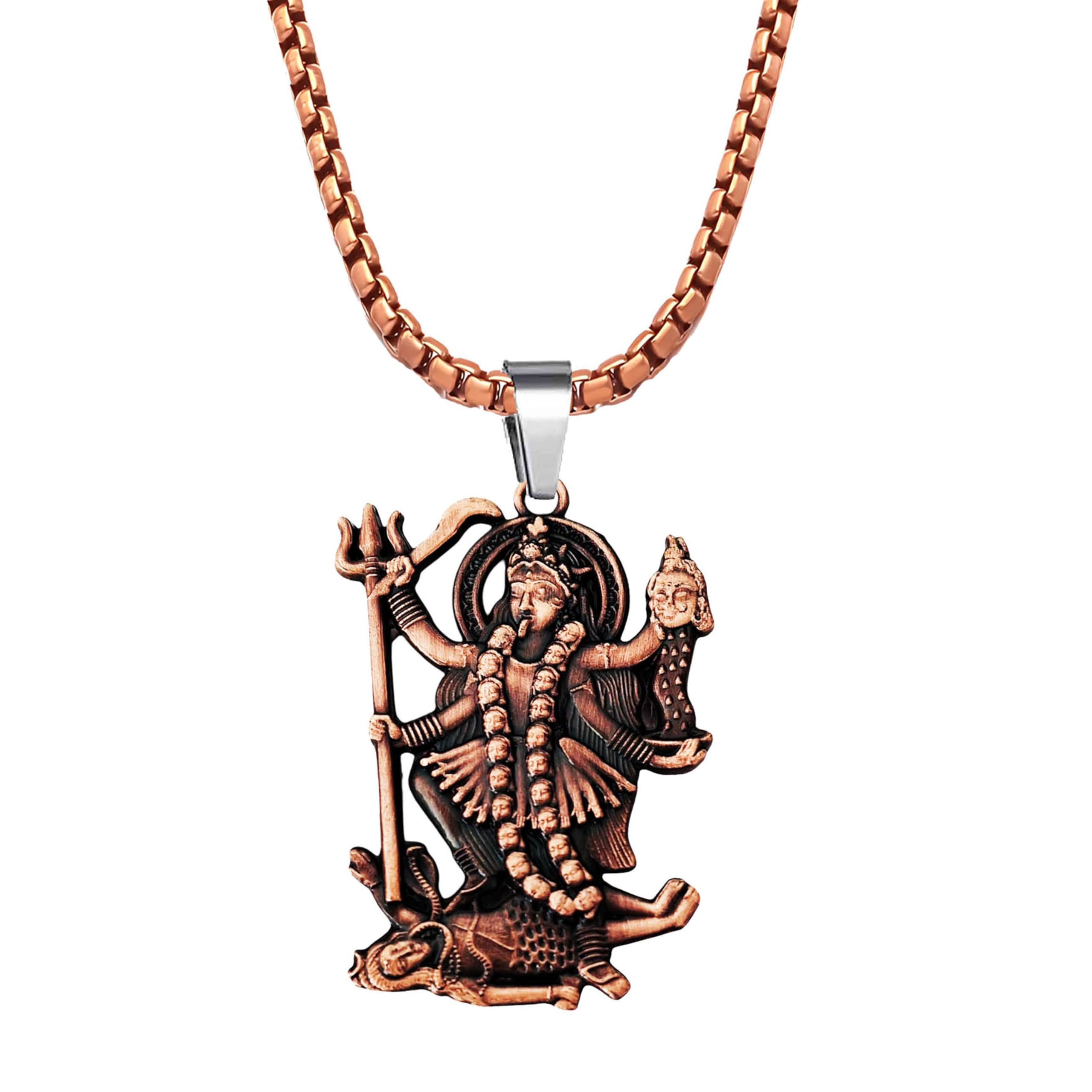 Solid Brass Durga Mata Maha Kali Pendant Necklace With 22 Inch Box Stainless Steel Chain - Metal Devi Necklace for Energy, Protection & for men & Women