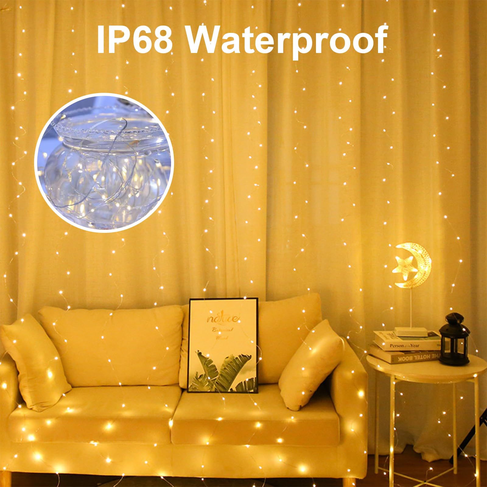 YAPJOY Curtain Fairy Lights Indoor, 300LED 3mx3m Waterfall Hanging USB Powered Fairy String Lights with Remote - Image 2