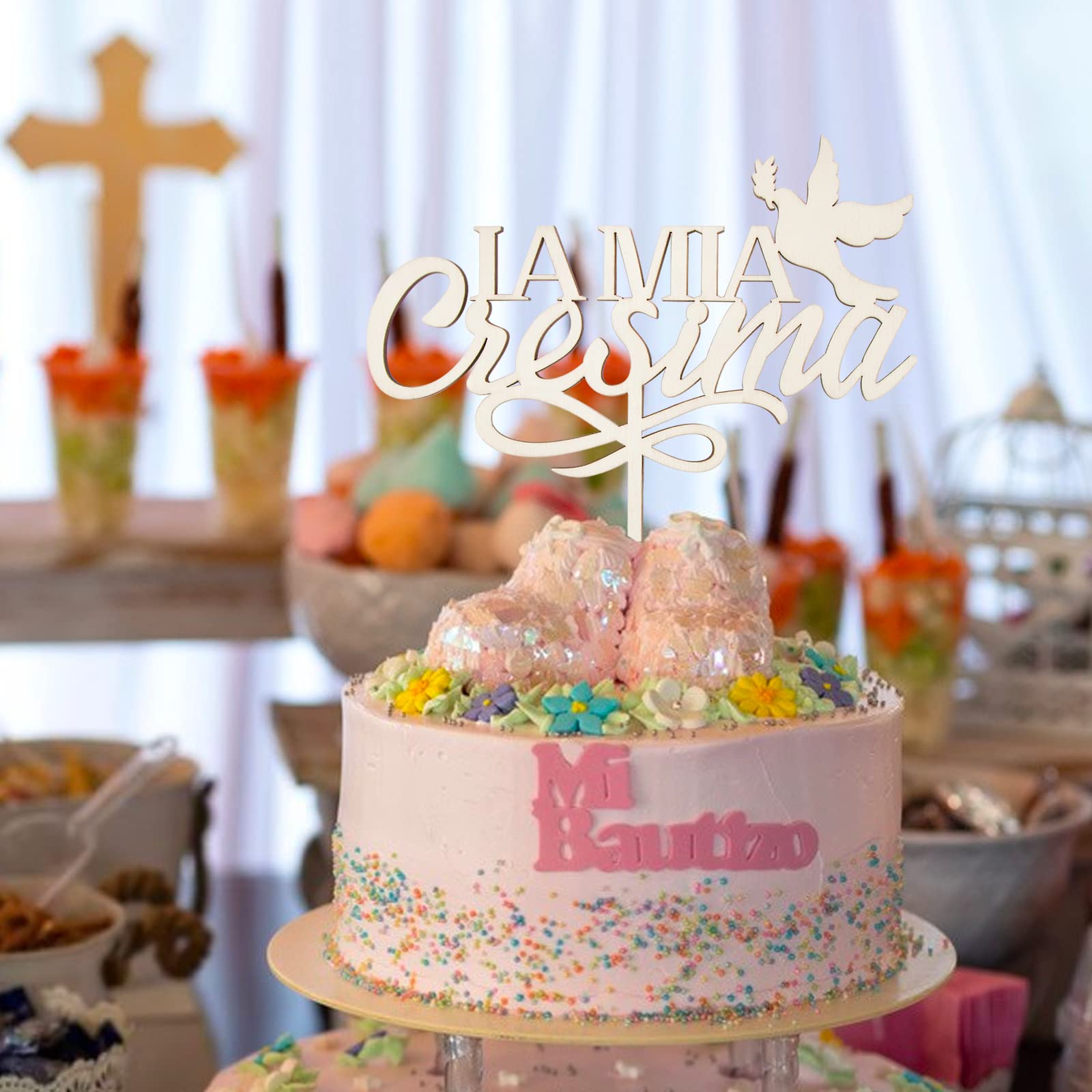 Topper Per Torta 'La Mia Cresima' Con Piccione - Decorazione In Legno Per Feste Di Battesimo E Cresima