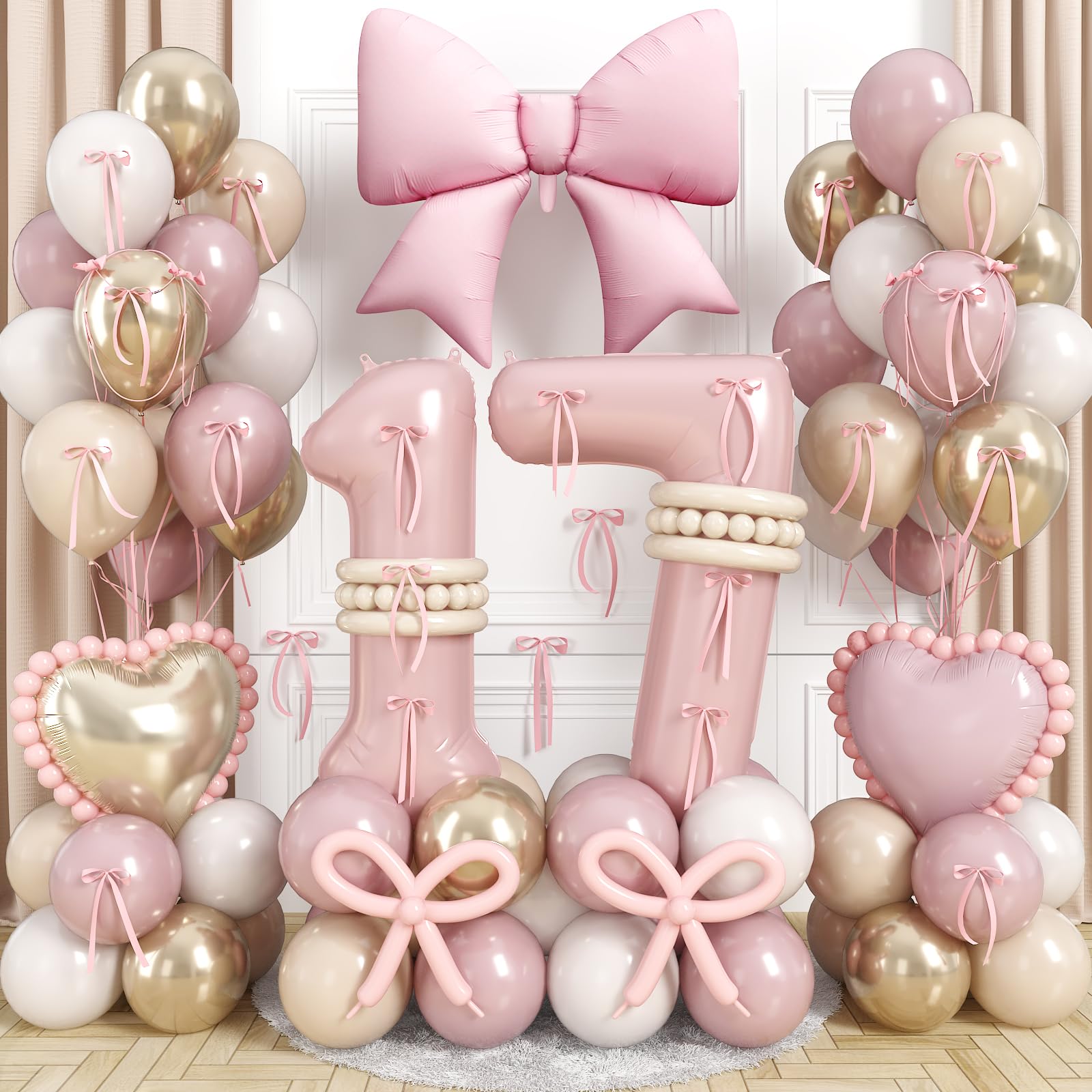 40 Inch Dusty Pink 17 Number Balloon for Girls 17th Birthday Decorations Blush Light Pink Gold Beige Latex Balloons Bow Heart Foil Balloon for Boho 17 Year Old Birthday Anniversary Party Decorations โ image 1
