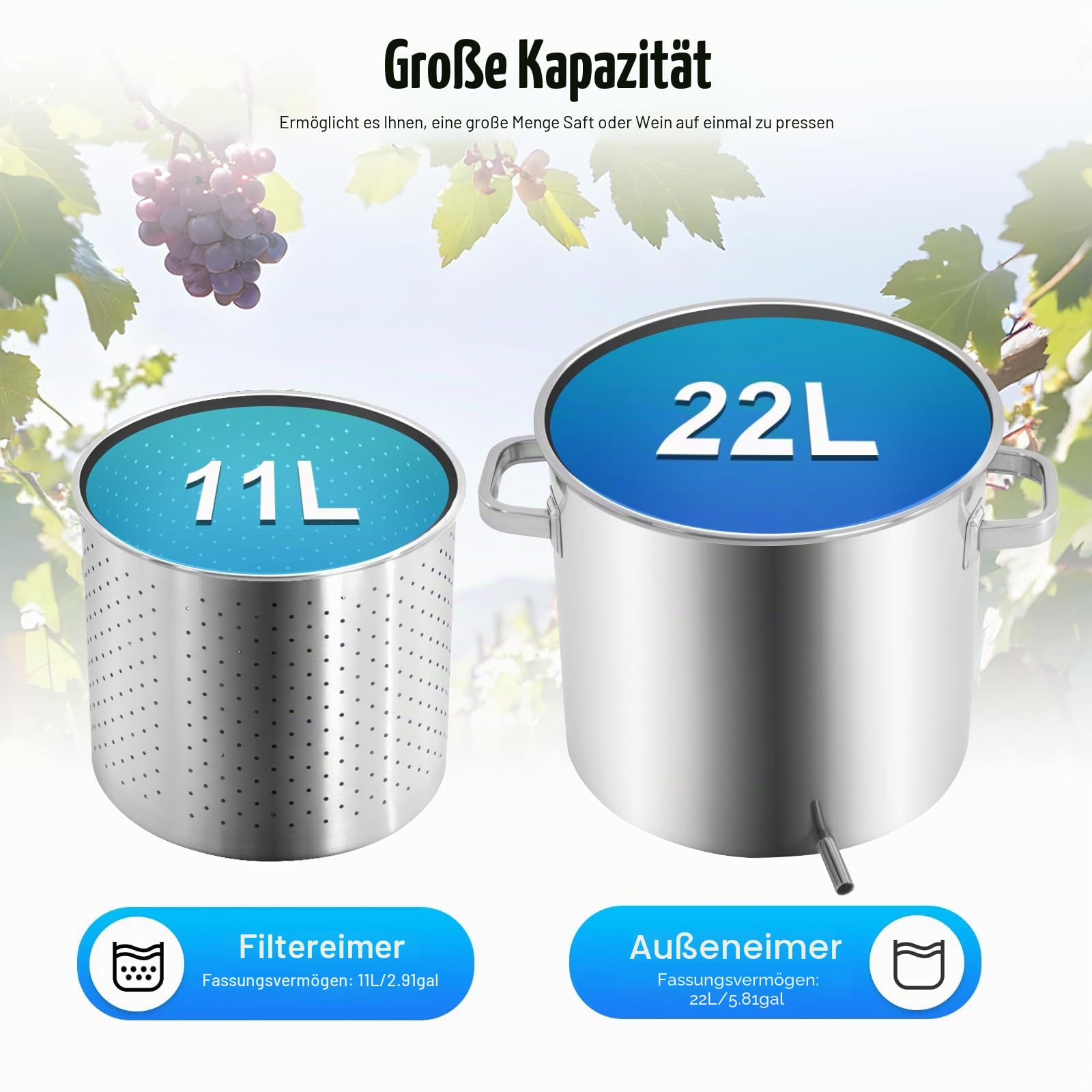 Obstpresse hydraulisch 22L 3T 304 Edelstahl Saftpresse manuell Fruchtpresse | Mostpresse Freistehend mit 5mm Druckplatte und Halterung für frischen Saft, Most und Wein im Haushalt(150kg Ｍax)