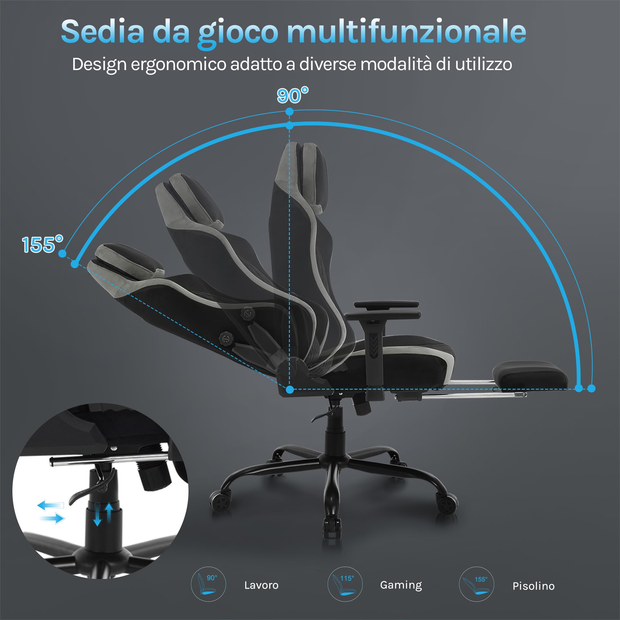 WOLTU Sedia Gaming,Supporto Lombare Adattivo Incorporato,Nero + Grigio | Velluto,con Braccioli Regolabili e Poggiapiedi Estensibile