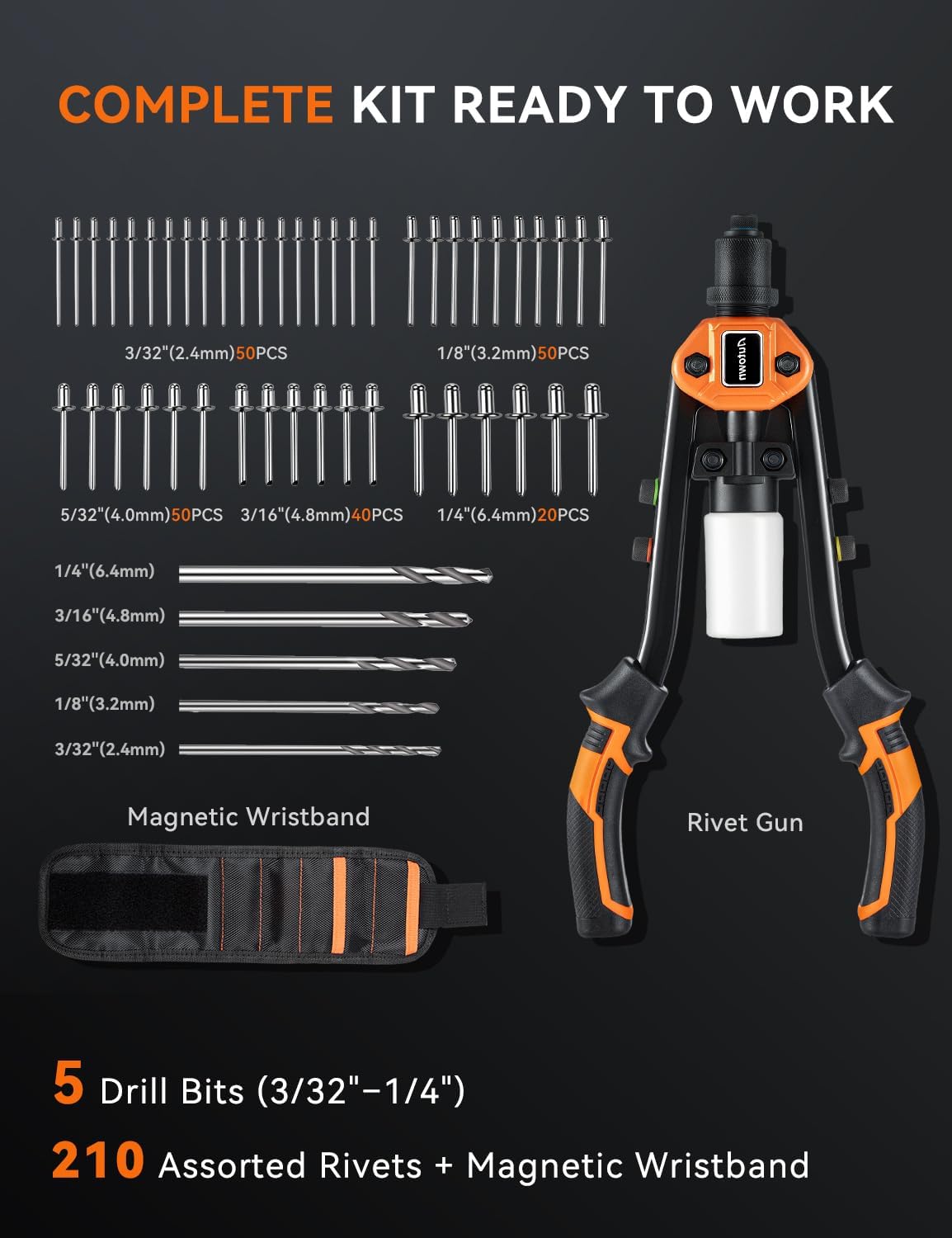 AUTOWN Professional Rivet Gun Kit with 5 Drill Bits & Magnetic Wristband - Heavy Duty Two-Handed Riveter for Metal, Gutter, Automotive - Includes 210 Assorted Rivets