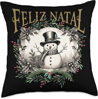 Cozy Feliz Natal Christmas Decor and More Brazil Portugal Merry Christmas Feliz Natal Holiday Snowman Throw Pillow, 18x18, Multicolor