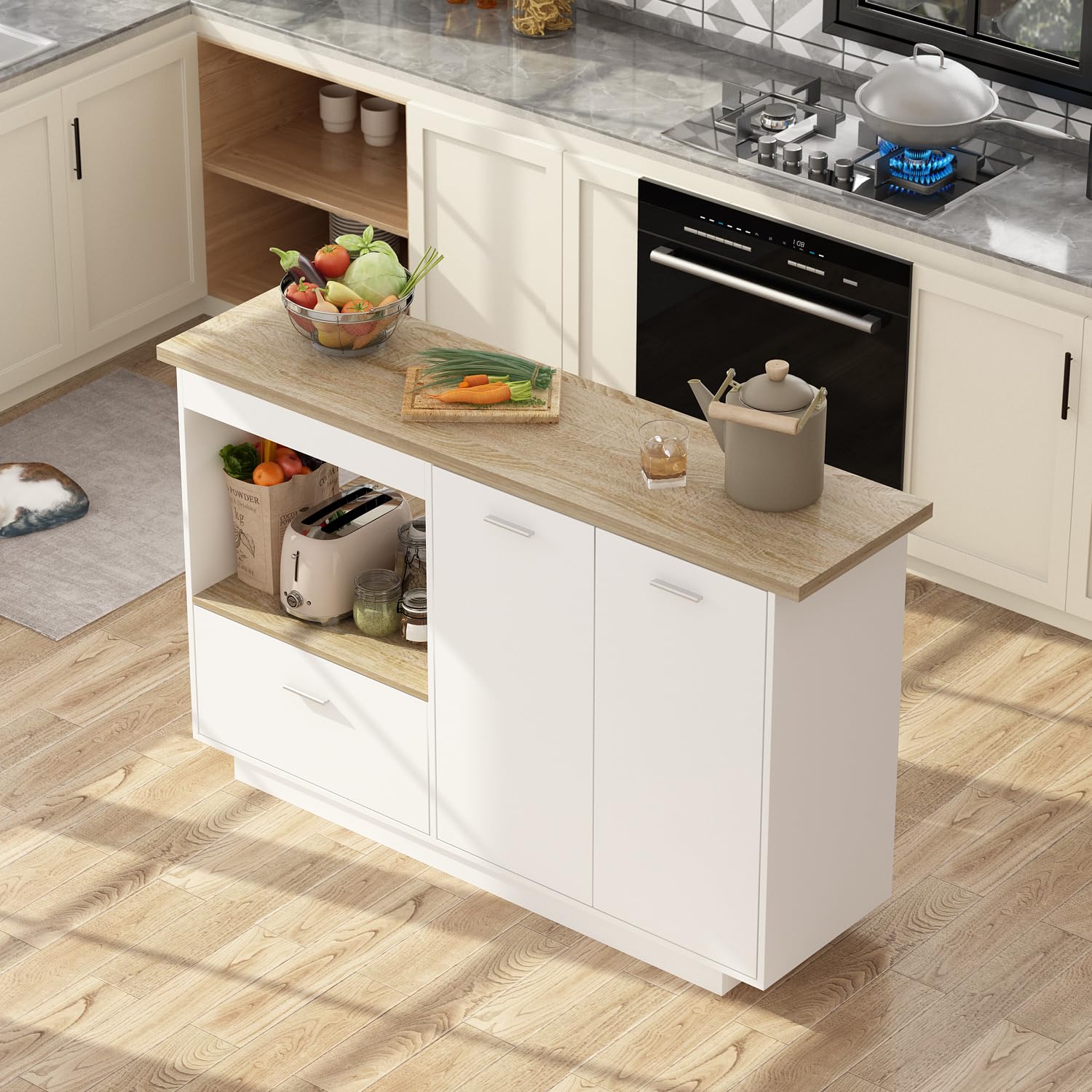 Kücheninsel mit Arbeitsplatte, Küchenschrank mit schubladen, Kücheninsel mit Verstellbare Regale, Buffetschrank, Holz&Weiß, 150 x 91 x 80 cm, MDF