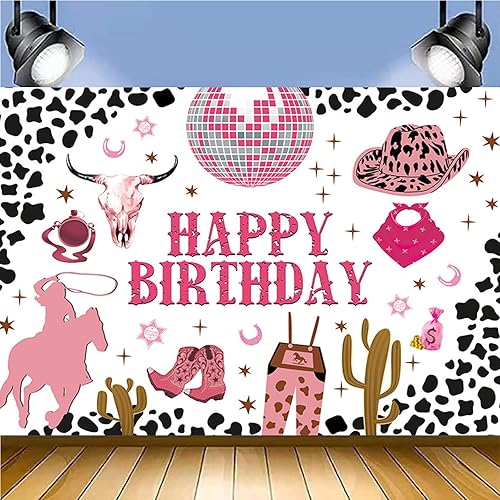 Miniatura 2 de Fondo de cumpleaños de vaquera occidental, decoración de fiesta temática de vaquera del salvaje oeste, 7 x 5 pies, vinilo rosa, no incluye soporte
