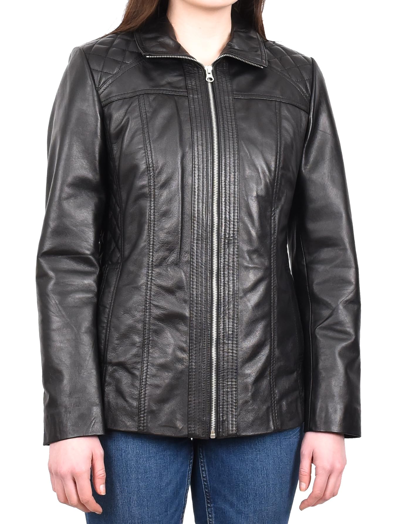 Divergent Retail Women's Black Real Leather Jacket Zip Fastening Quilted Box Style Coat Aquila (Uk, Numeric, 22, Regular, Regular, )