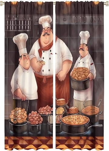 Miniatura 1 de Cortina de decoración de cocina de chef, retro gourmet de dibujos animados, chef gordo de cocina, patrón de comida gourmet, decoración del hogar,