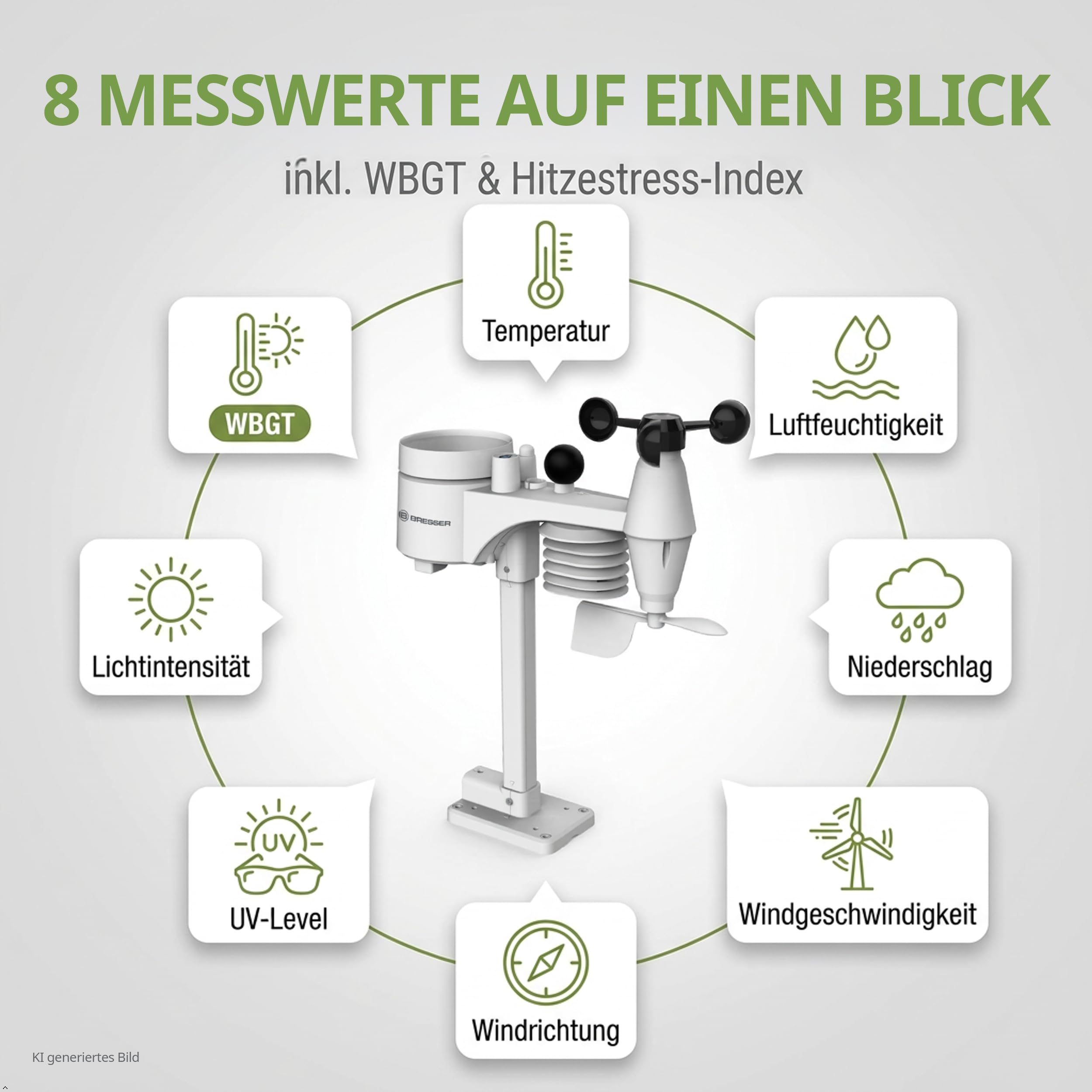 Bresser Bise Profi WLAN Wetterstation Funk mit 8 in 1 Außensensor | Innentemperatur und Außentemperatur, Luftfeuchtigkeit, Regenmesser, Windmesser, Wettervorhersage, App, WBGT