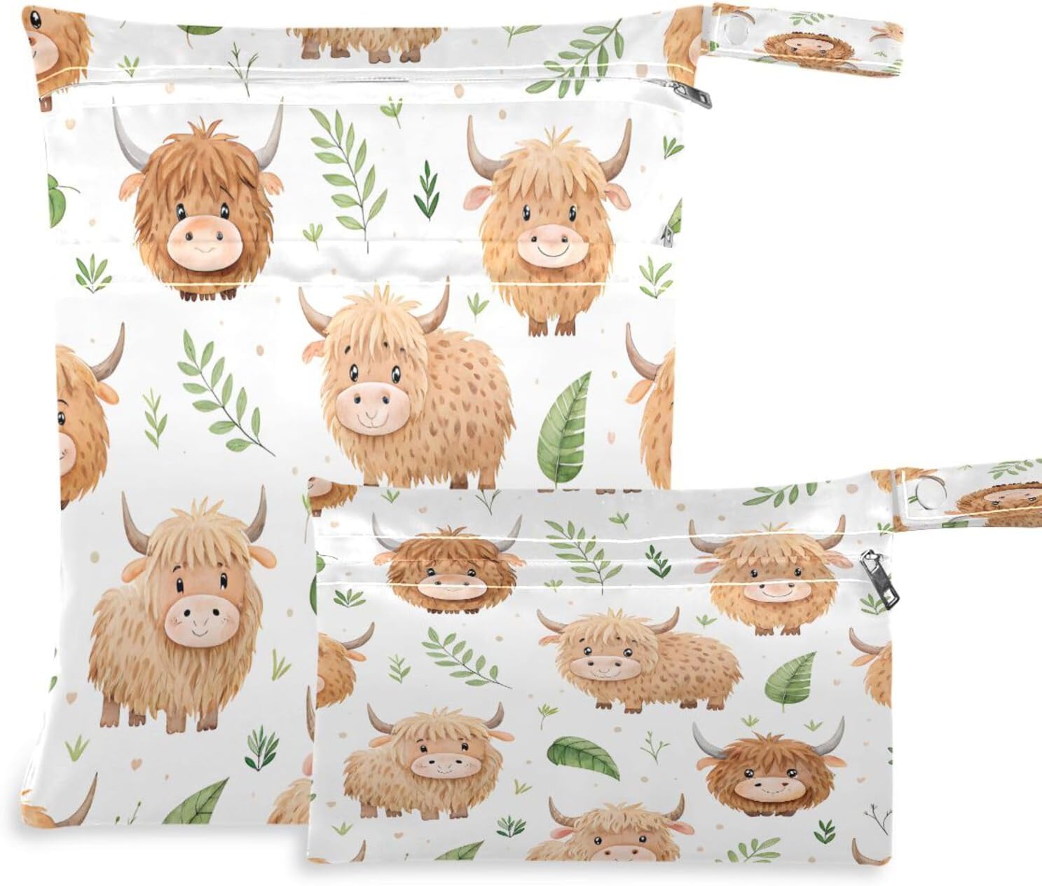 Kigai Highland Cow Wet Dry Bag with Double Zipper Pockets 2 Pack Waterproof Reusable Wet Bag Travel & Beach Organizer for Baby Cloth Diapers, Swimsuits, Gym, Toiletries