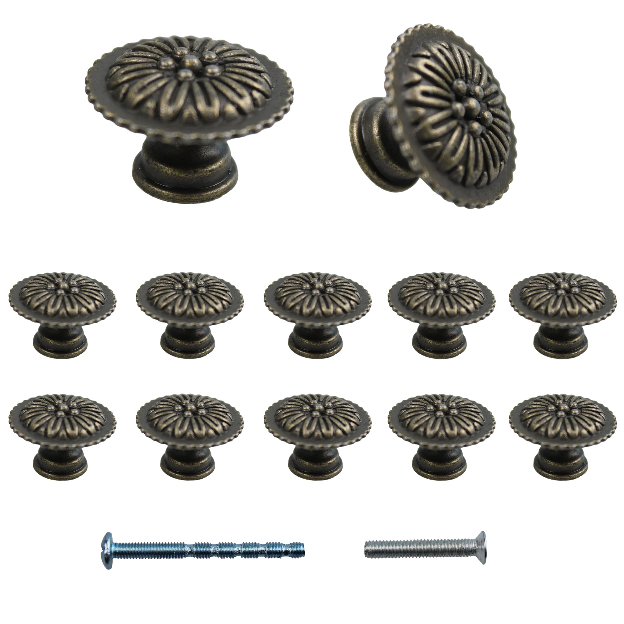 Runseaway 12Pcs Vintage Flower Knobs, Antique Bronze Cabinet Drawer Handles Pulls, Decorative Mini Round Knobs for Dresser, Cupboard, Wardrobe,