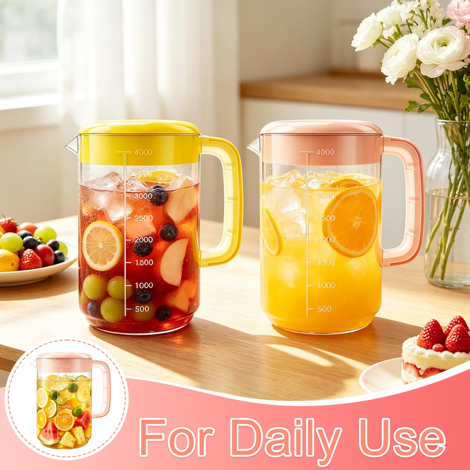 Nexboraque Paquete de 2 jarras coladoras de plástico de 1 galón con tapa, jarra de agua grande con asa y medidas para bebidas frías, jarra de té helado para limonada, leche, jugo, bebidas, rosa,