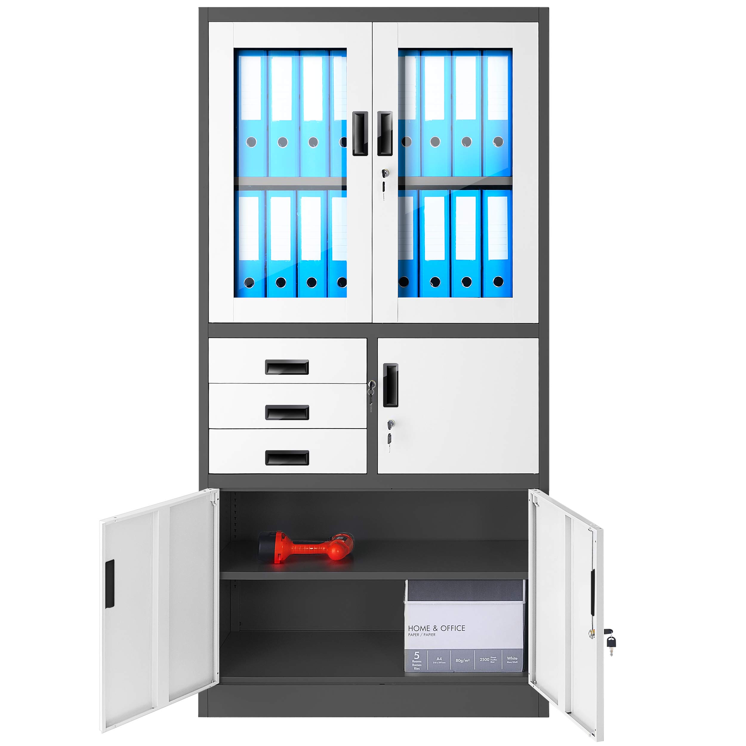 Jan Nowak Armoire de Bureau Métallique Coffre-Fort Compartiment Secret Portes battantes Tiroirs Revêtement par Poudre Tôle d'acier 185 cm x 90 cm x 40 cm (Anthracite/Blanc) C018S