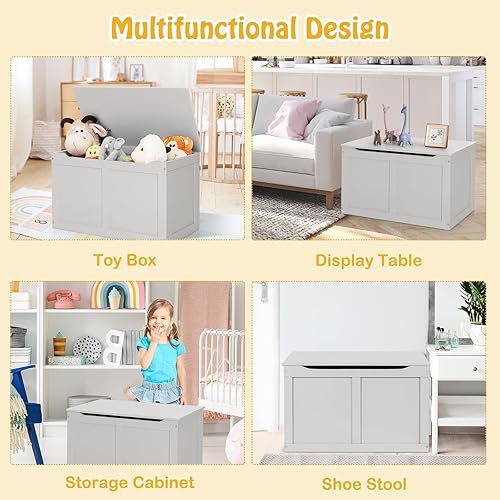 Miniatura 14 de HONEY JOY Caja de juguetes de madera para niños, baúl grande 2 en 1 de almacenamiento de juguetes con asiento acolchado acolchado, asas de Azul,Azul