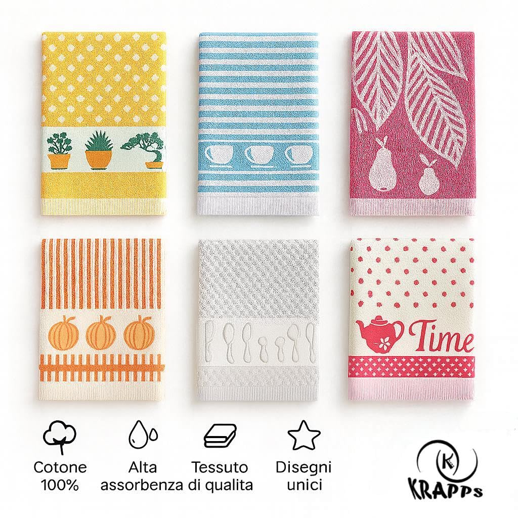 Set 6 Pezzi Strofinacci Cucina Cotone 100% Made in Portogallo - Canovacci Cucina Cotone Assorbenti e Lavabili in Lavatrice, Stracci Cucina Multiuso Resistenti e Colorati