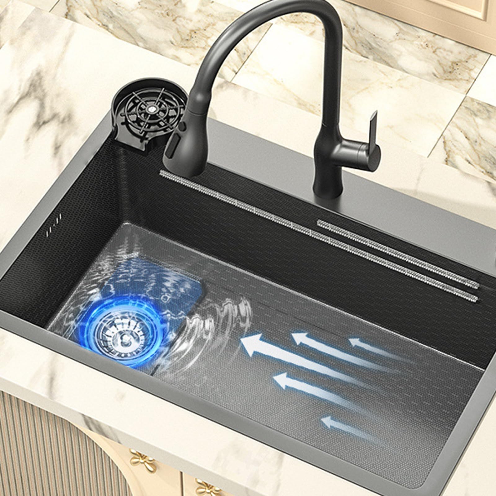 Fregadero de cocina de un solo tazón negro de acero inoxidable 304 con grifo extraíble, drenaje lateral izquierdo, kit completo de instalación incluido (60 x 45 x 22 cm)