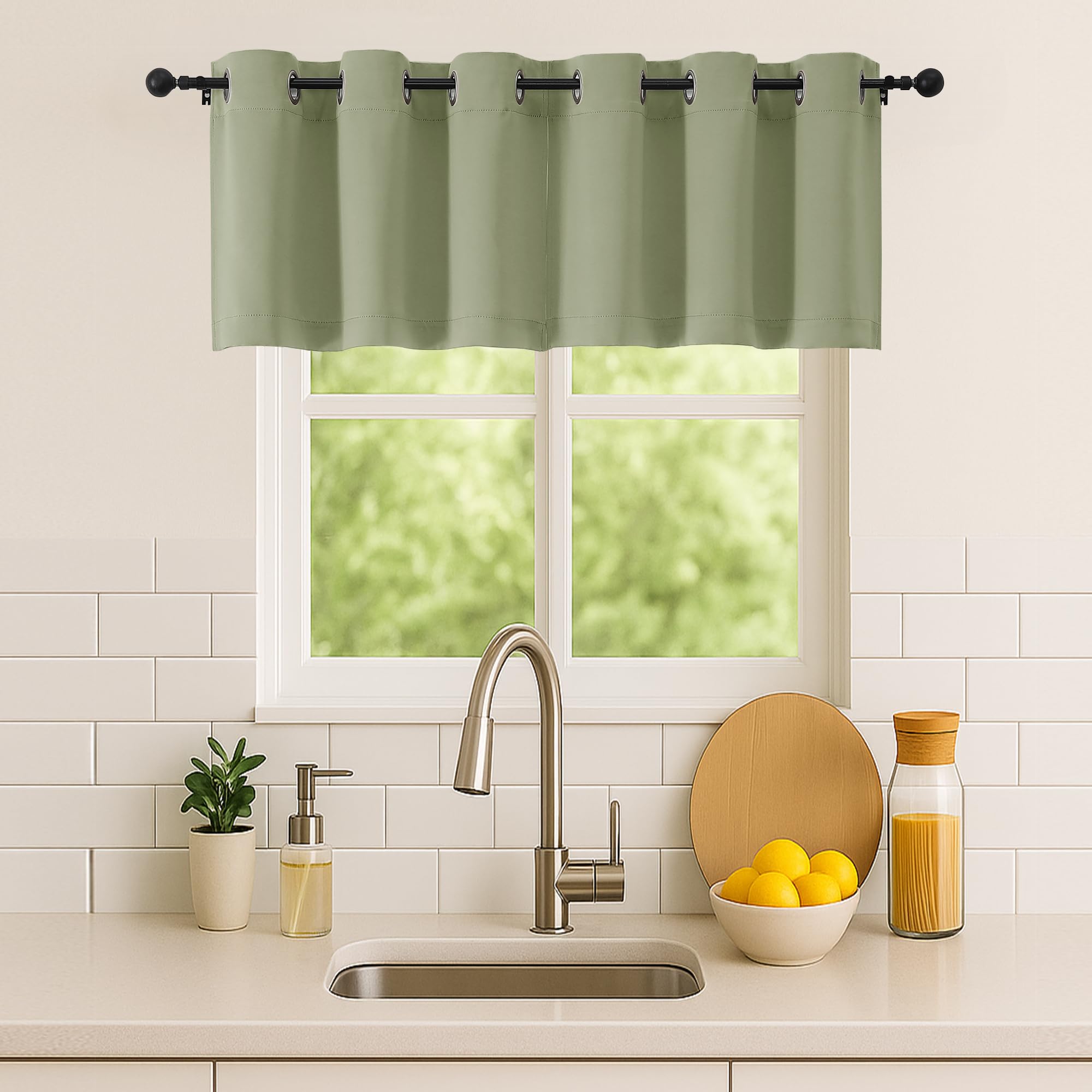Simplebrand Sage Green Kitchen Valances for Windows 18 Inches Long 2 Pack, Room Darkening Window Valances for Living Room, Grommet Short Straight Drape Kitchen Curtains for Bedroom Kids Room, 40Wx18L