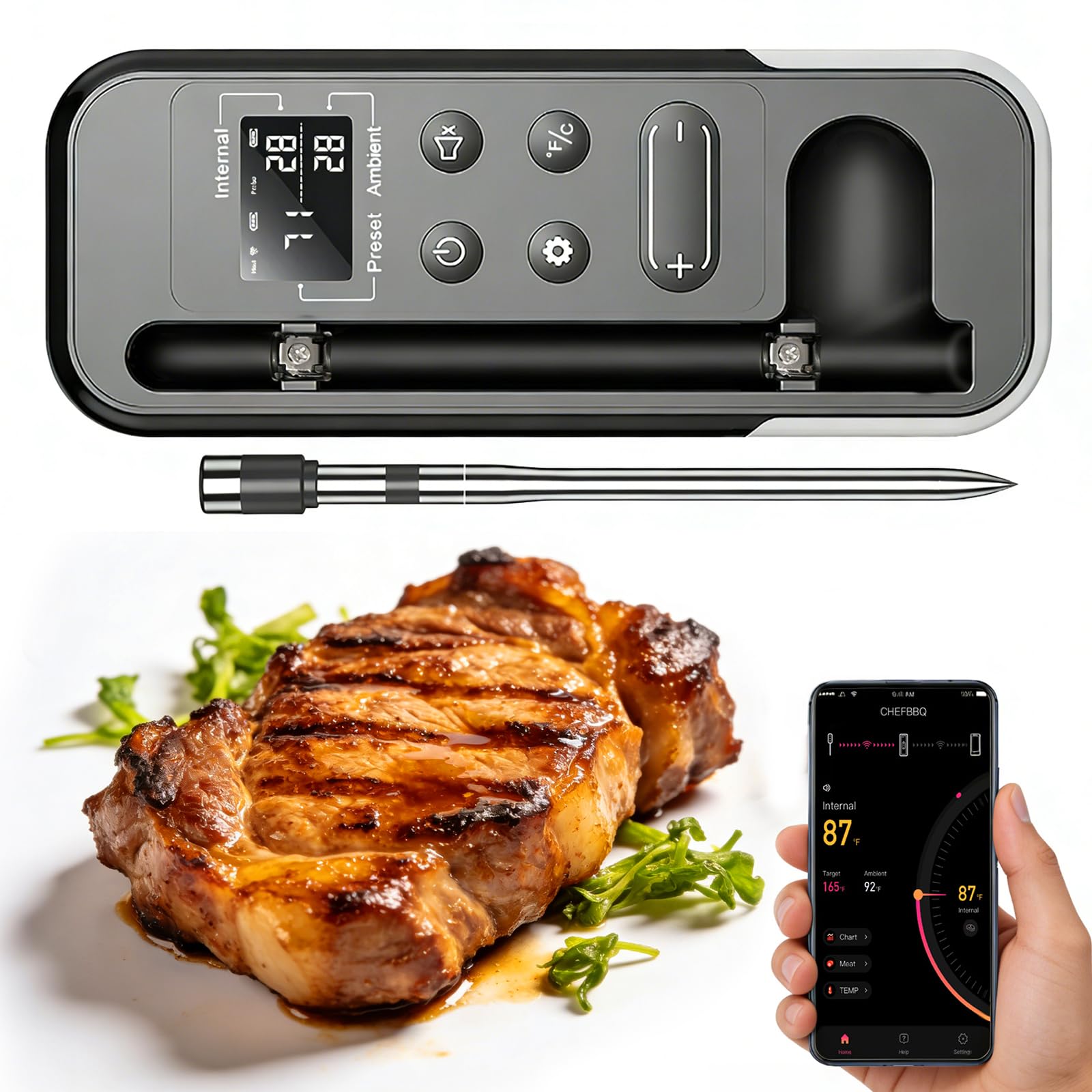 ANTELA Termómetro de Cocina Inteligente con Pantalla LCD AnfitriónLecturas Rápidas y PrecisasTermómetro de Carne Inalámbrico con Conexión APP