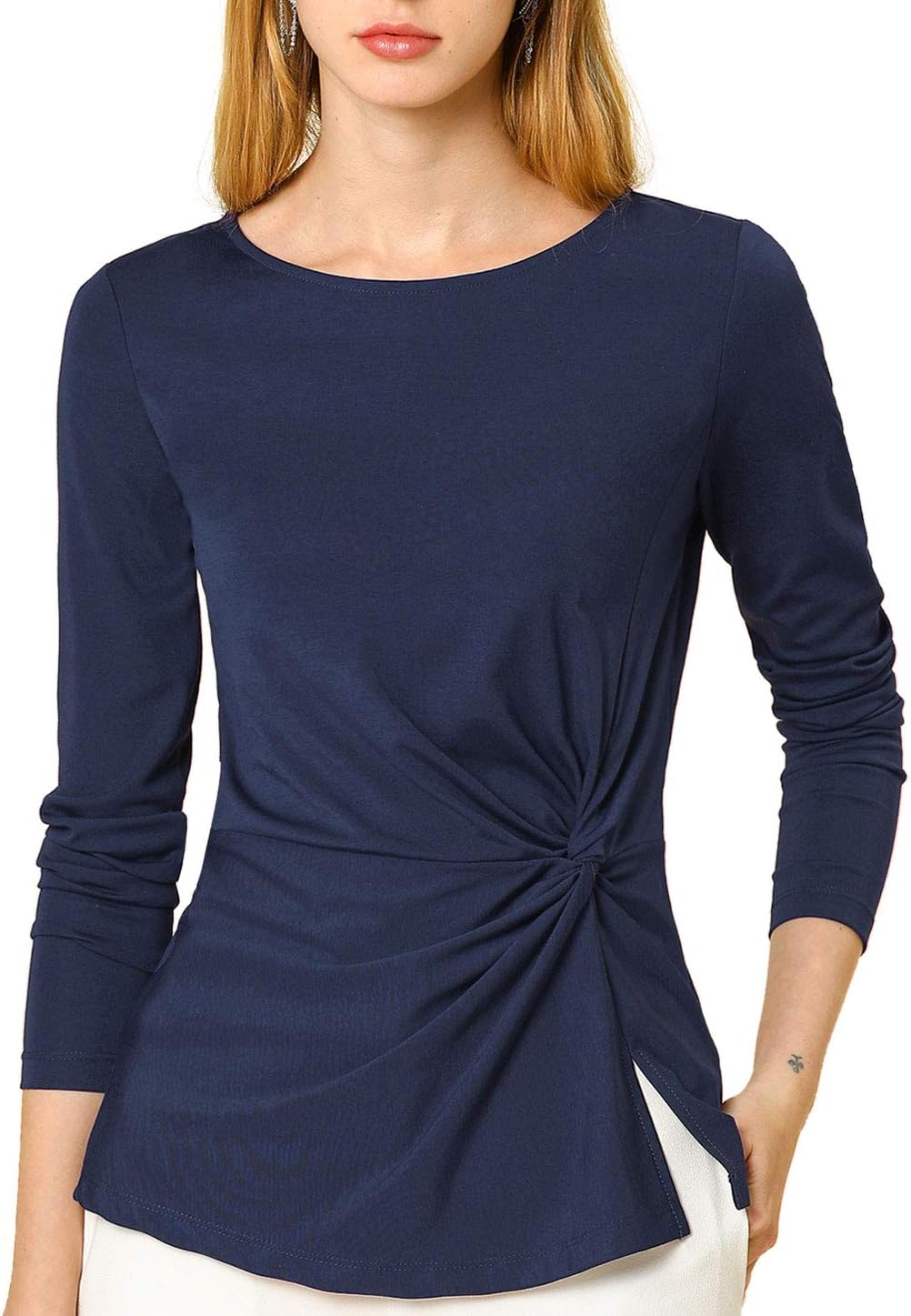 Allegra K Women's Long Sleeve Tops Round Neck Front Twist Tops Ruched Long Sleeve T Shirt - Image 2