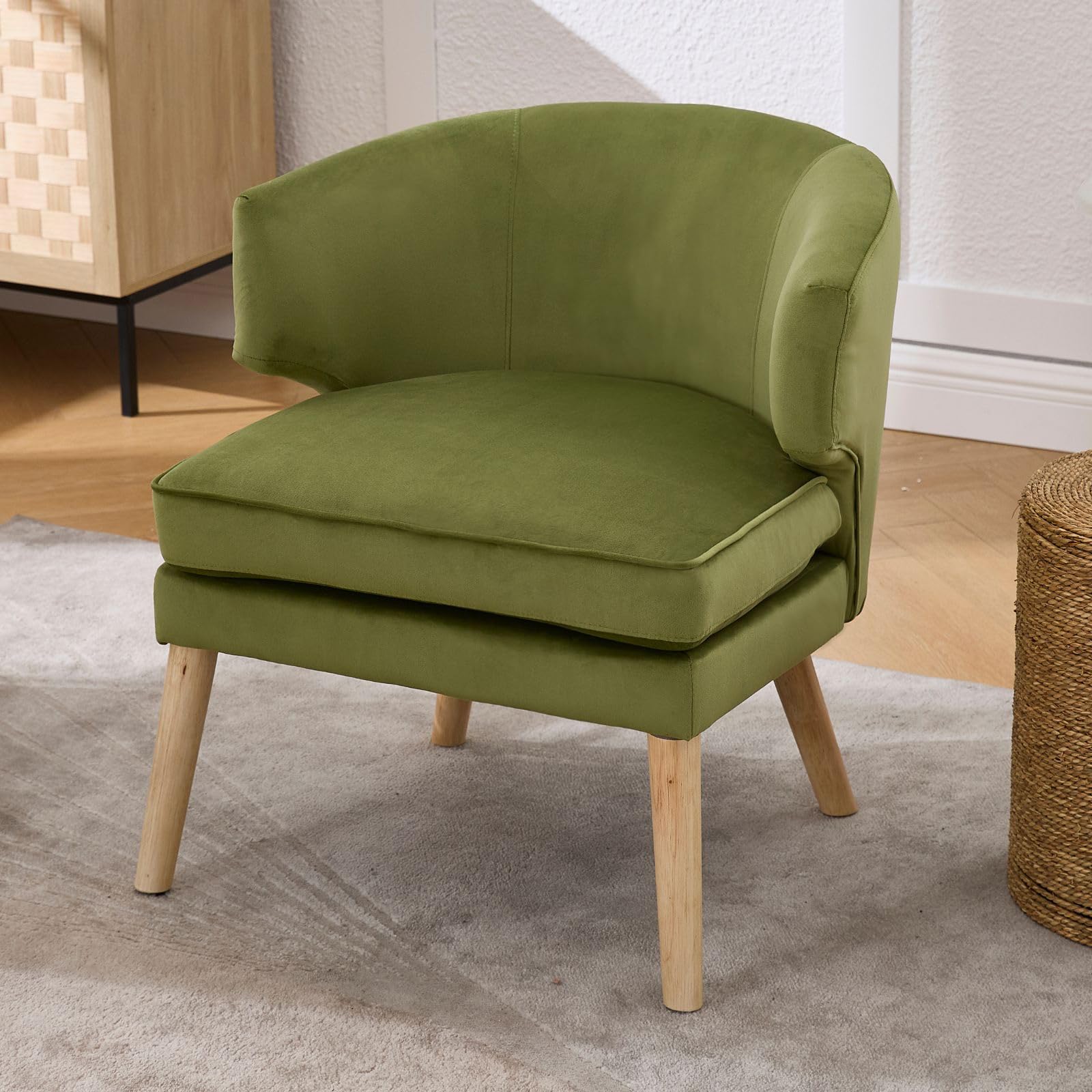chairus Sessel Samt Einzelsofa mit Holzbeinen, Akzentstuhl Schlafzimmer Loungesessel mit Doppelkissen, Relaxsessel Wohnzimmer, Grün