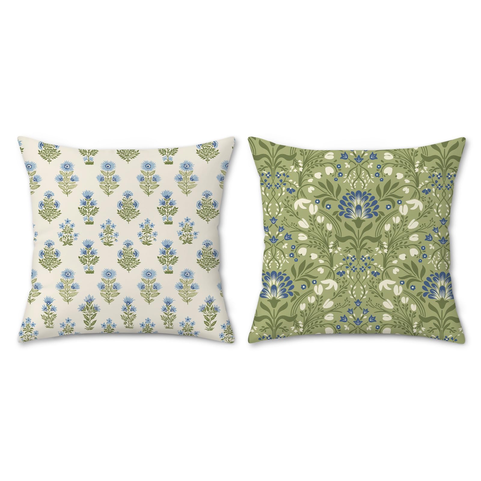 COZZSNUGE Blue Green Floral Cushion Covers Vintage Boho Flowers Plant Rustic Farmhouse Velvet Decorative Pillowcases for Garden Furniture Sofa Bed Home Patio 45 x 45 cm Set of 2