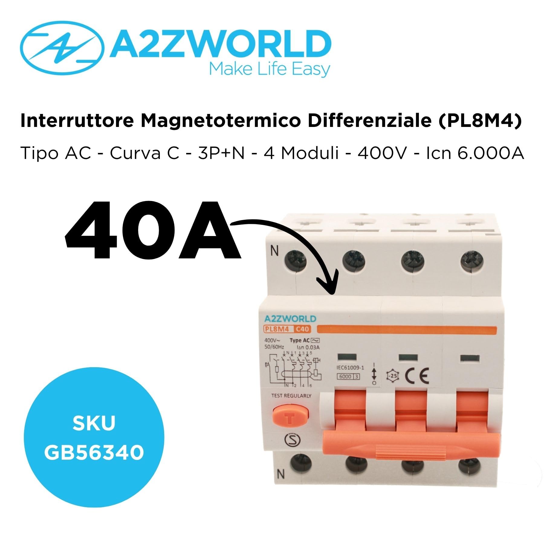 Interrupteur différentiel magnétothermique triphasé 30 mA 40 A C40, RCBO type AC courbe C, 3P+N 6 kA 400 V, occupe 4 modules DIN