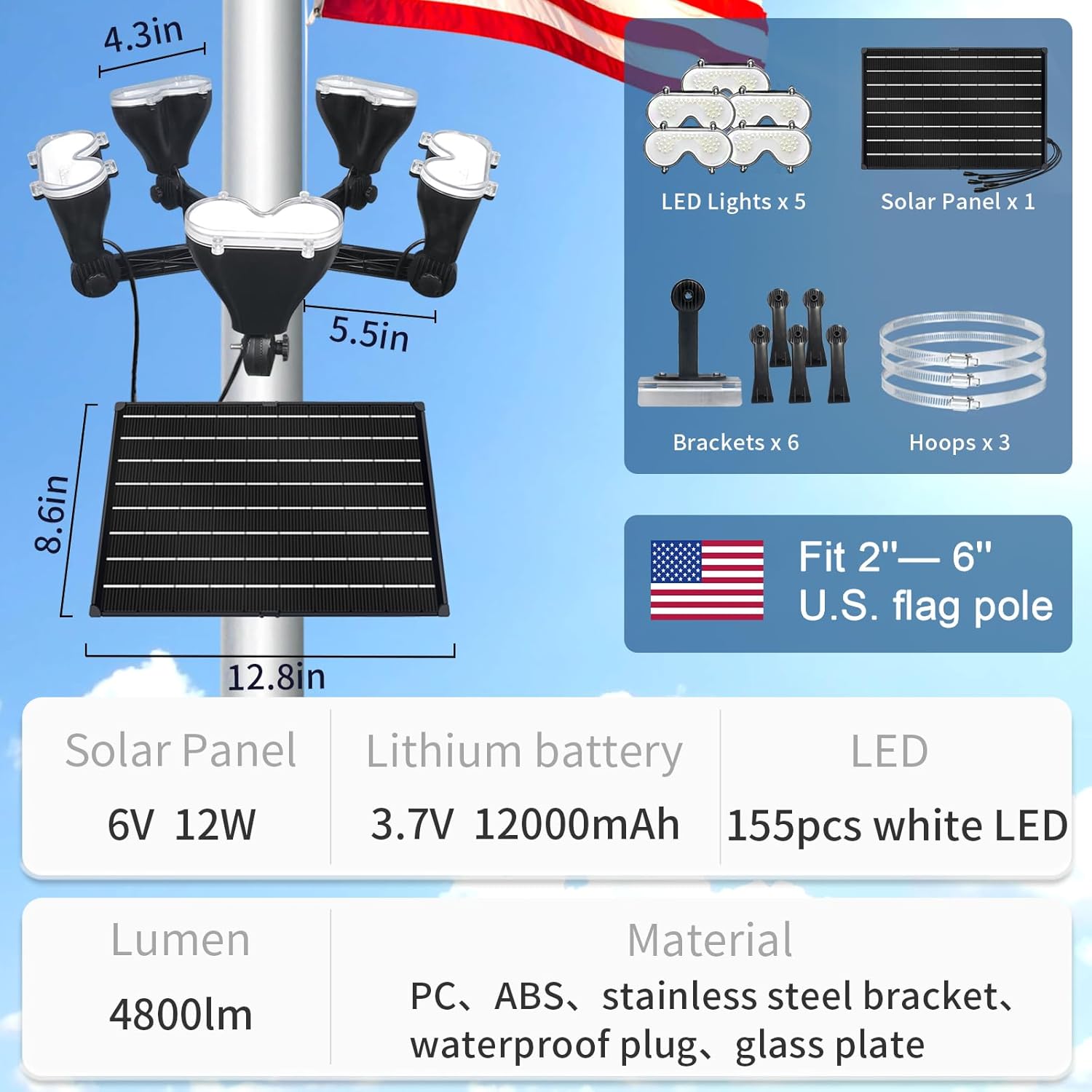 Flag Pole Light Solar Powered,155 LEDs 4800lm Solar Flag Pole Light,12000mah Waterproof Outdoor Dusk to Dawn Fit 2-6 Inch Flagpole for Veteran's Day,Shine on The Old Glory