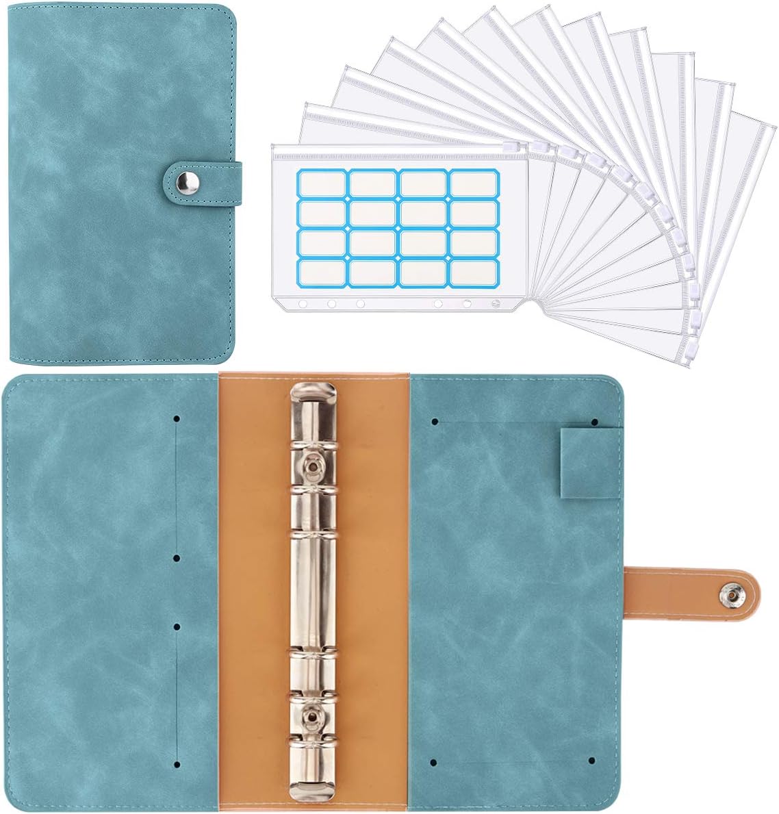Housolution A6 Budget Binder with Zipper Envelopes, Mini PU Leather Money Organizer with 12 PCS Clear Plastic Zippered Cash Envelopes & Self-Adhesive Label, Money Wallet, Cyan, Cyan, 8.66 Inch, Travel