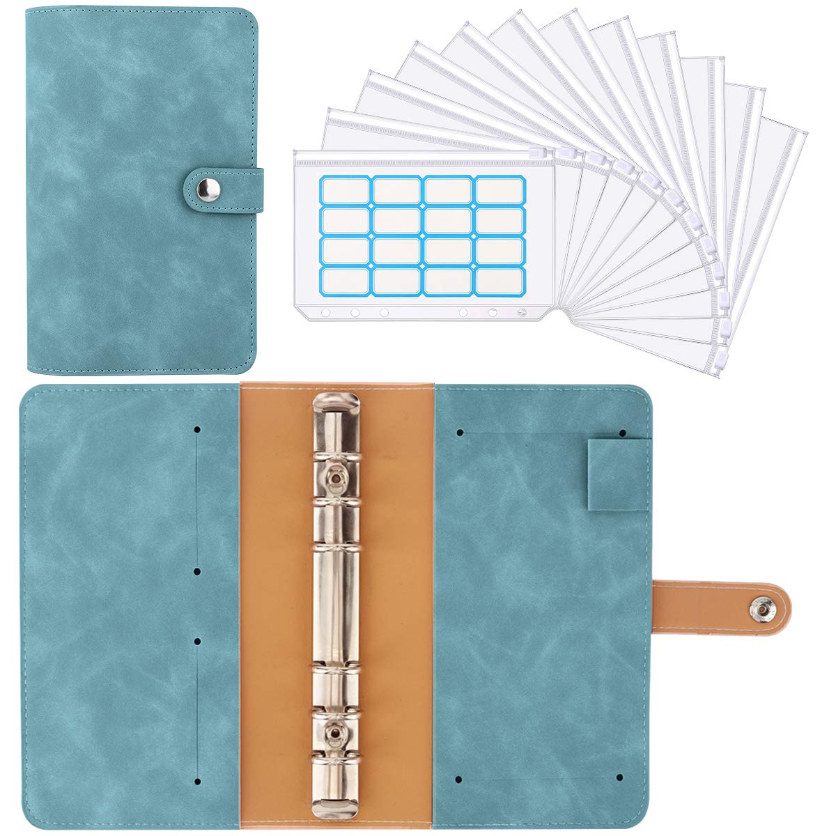 Housolution A6 Budget Binder with Zipper Envelopes, Mini PU Leather Money Organizer with 12 PCS Clear Plastic Zippered Cash Envelopes & Self-Adhesive Label, Money Wallet, Cyan, Cyan, 8.66 Inch, Travel