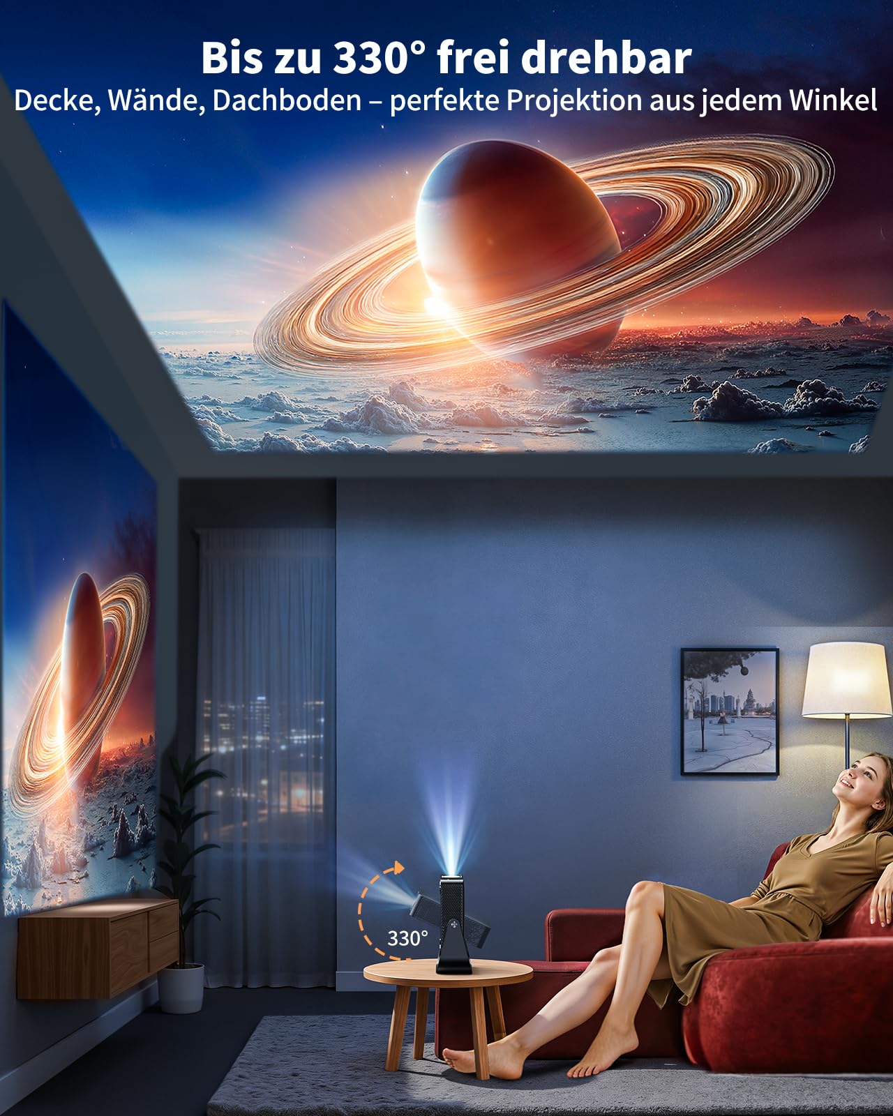 Smart Beamer【Kompatibel mit Netflix/Live TV/330° Drehbar】 Mini Beamer 4K mit Autofokus/6D Trapezkorrektur, Mini Projector 4K 1080P Full HD WiFi6 & Bluetooth Heimkino/Outdoor Klein Projektor für Handy