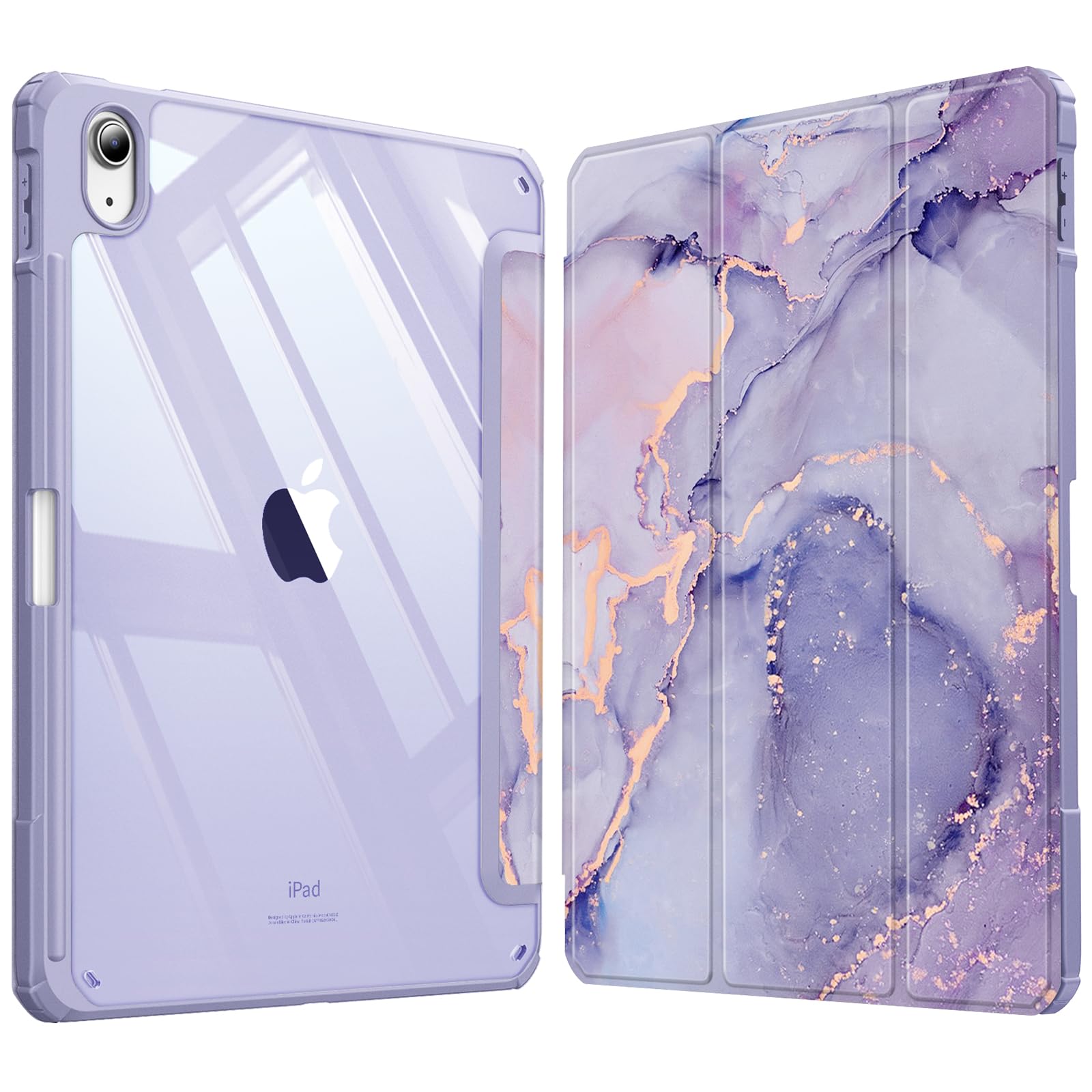 Fintie Hybrid Hülle für iPad (A16) 11 Generation 11 Zoll 2025, iPad 10 Generation 10.9 Zoll 2022 mit Stifthalter - Stoßfeste Schutzhülle mit transparenter Hartschale auf der Rückseite, Lila Marmor