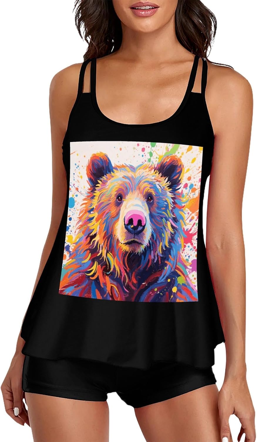 Colorful Bear Painting Tankini Swimsuits for Women Tummy Control Two Piece Bathing Suits Swim Tops with Boy Shorts