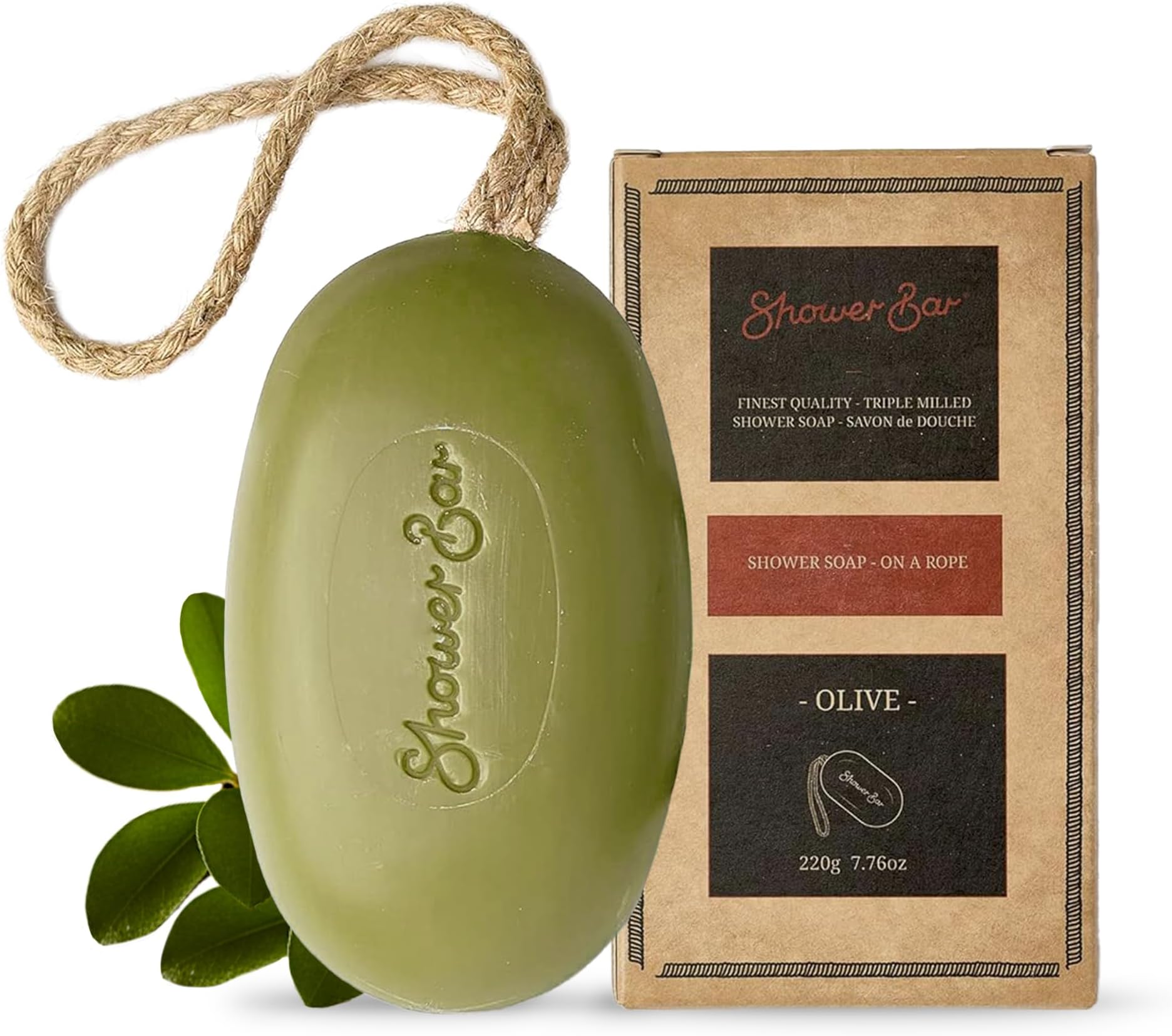 Olive Scented Soap on a Rope - 220g Natural Solid Body Wash Bar for Travel & Home - Long Lasting, Vegan, Plastic-Free, Eco-Friendly & Moisturizing