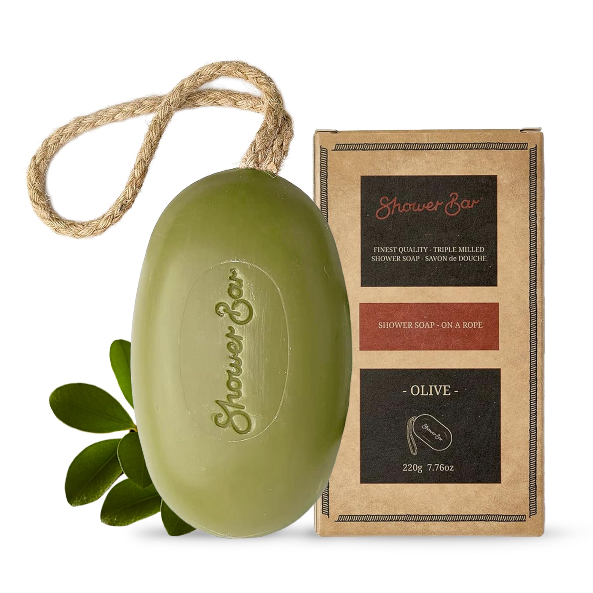 Olive Scented Soap on a Rope - 220g Natural Solid Body Wash Bar for Travel & Home - Long Lasting, Vegan, Plastic-Free, Eco-Friendly & Moisturizing[Amazon-developed Certification] Compact by Design