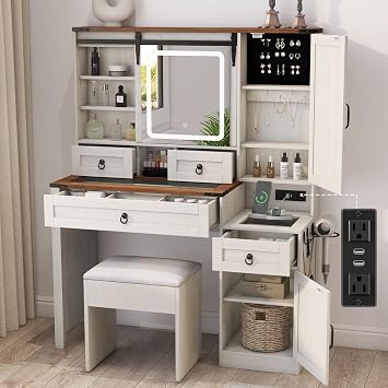 Farmhouse Makeup Vanity Desk with Sliding Mirror and Lights, 42 Wood Vanity Table Set with Glass Top, Power Outlets, Jewelry Storage Cabinet, 4 Drawers, Stool for Country Room Decor, Antique White
