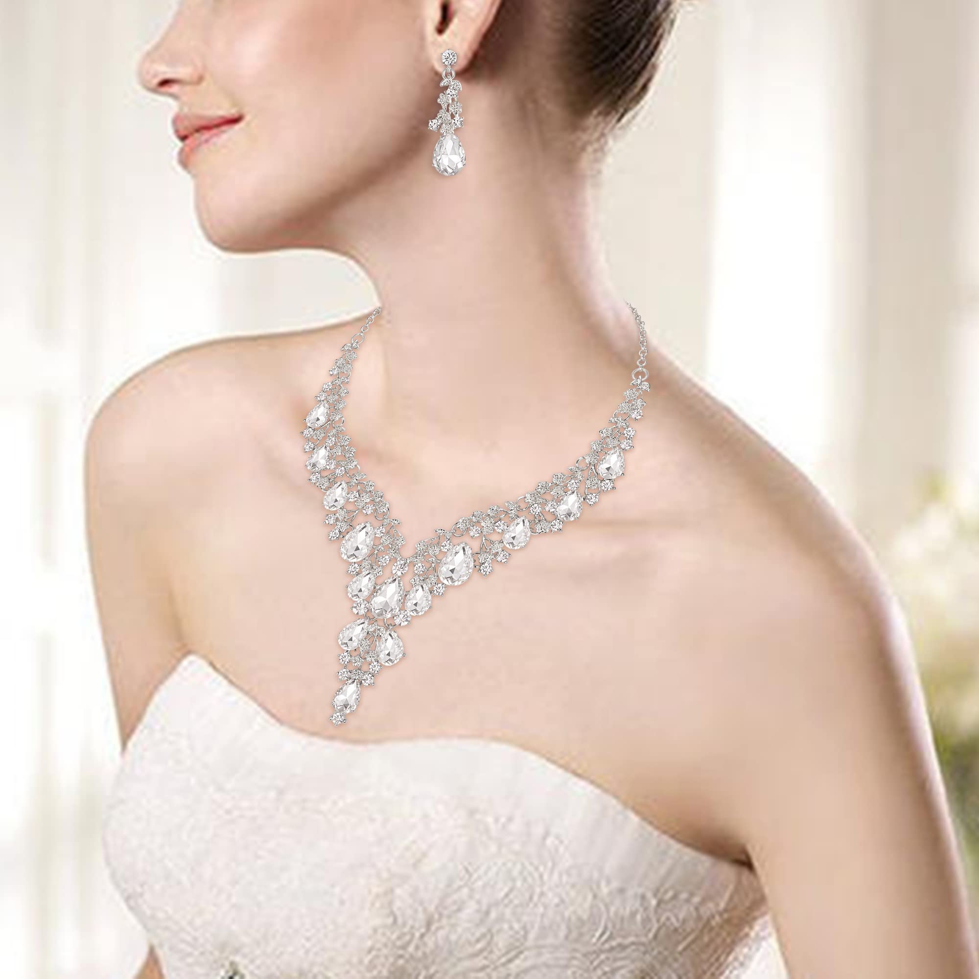 Donna matrimonio sposa austriaco cristallo Teardrop fiore cluster collana orecchini e bracciale set di gioielli per ballo