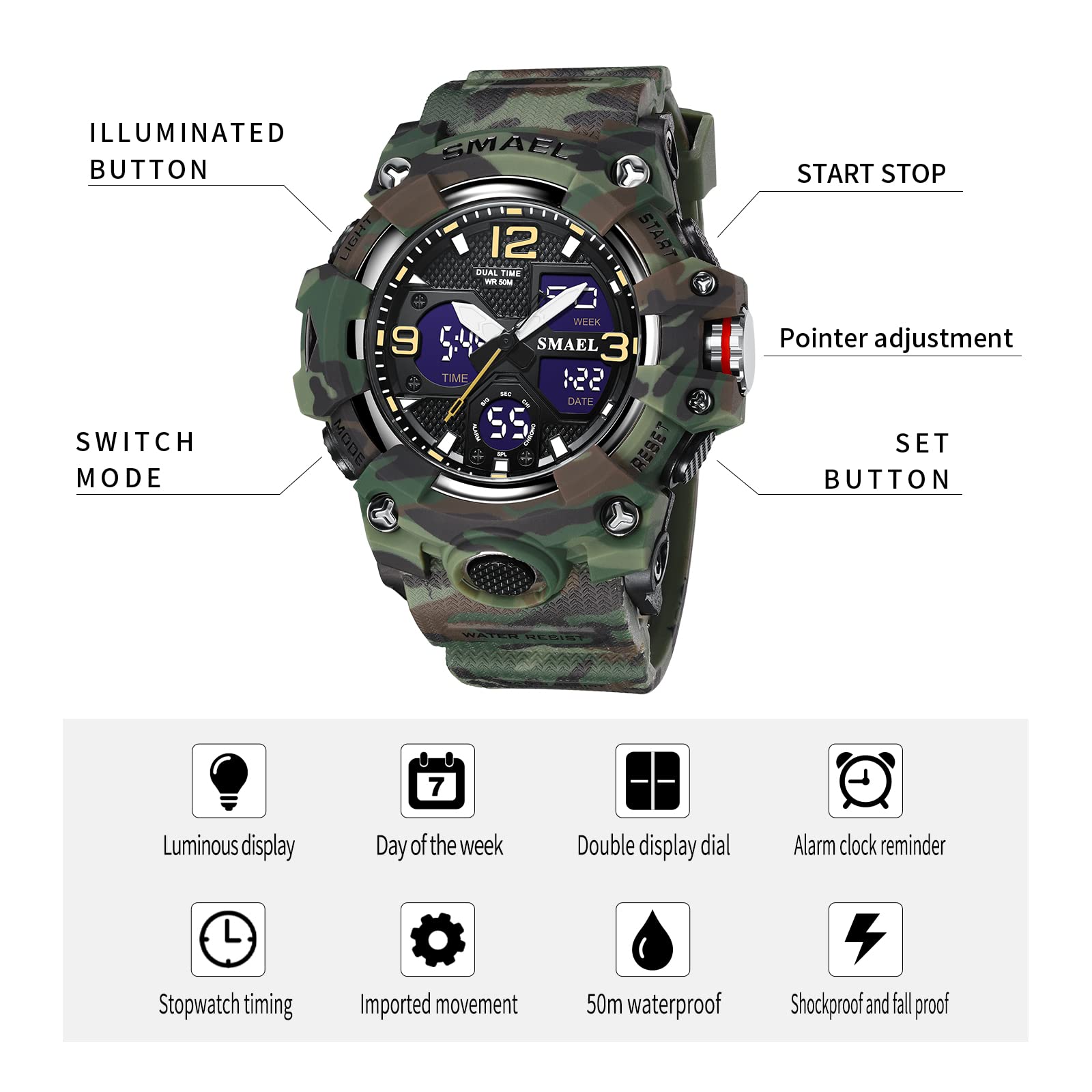 SMAEL 8008 Reloj de cuarzo deportivo resistente al agua, reloj de camuflaje de color dual digital (camuflaje verde), Camuflaje Verde
