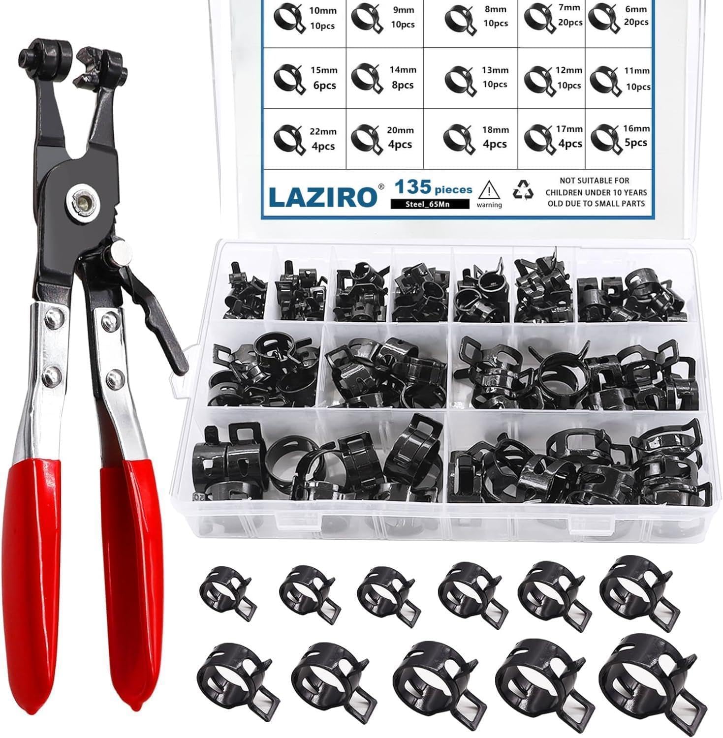 LAZIRO15 Sizes 6-22mm Spring Band Hose Clamps With Swivel Flat Hose Clamp Plier Assortment Kit, Constant Tension Hose Clamp Fuel Line Silicone Vacuum Hose Steel,Low Pressure Air Clip Clamps
